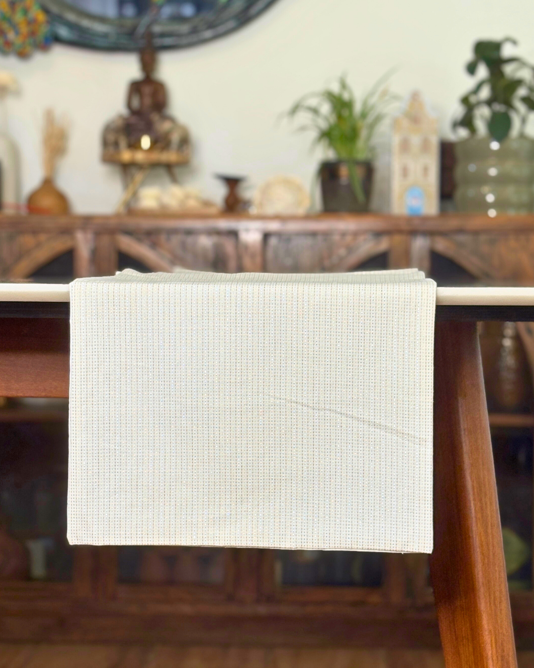 Christmas Table Runner - White with Gold & Silver Threadwork