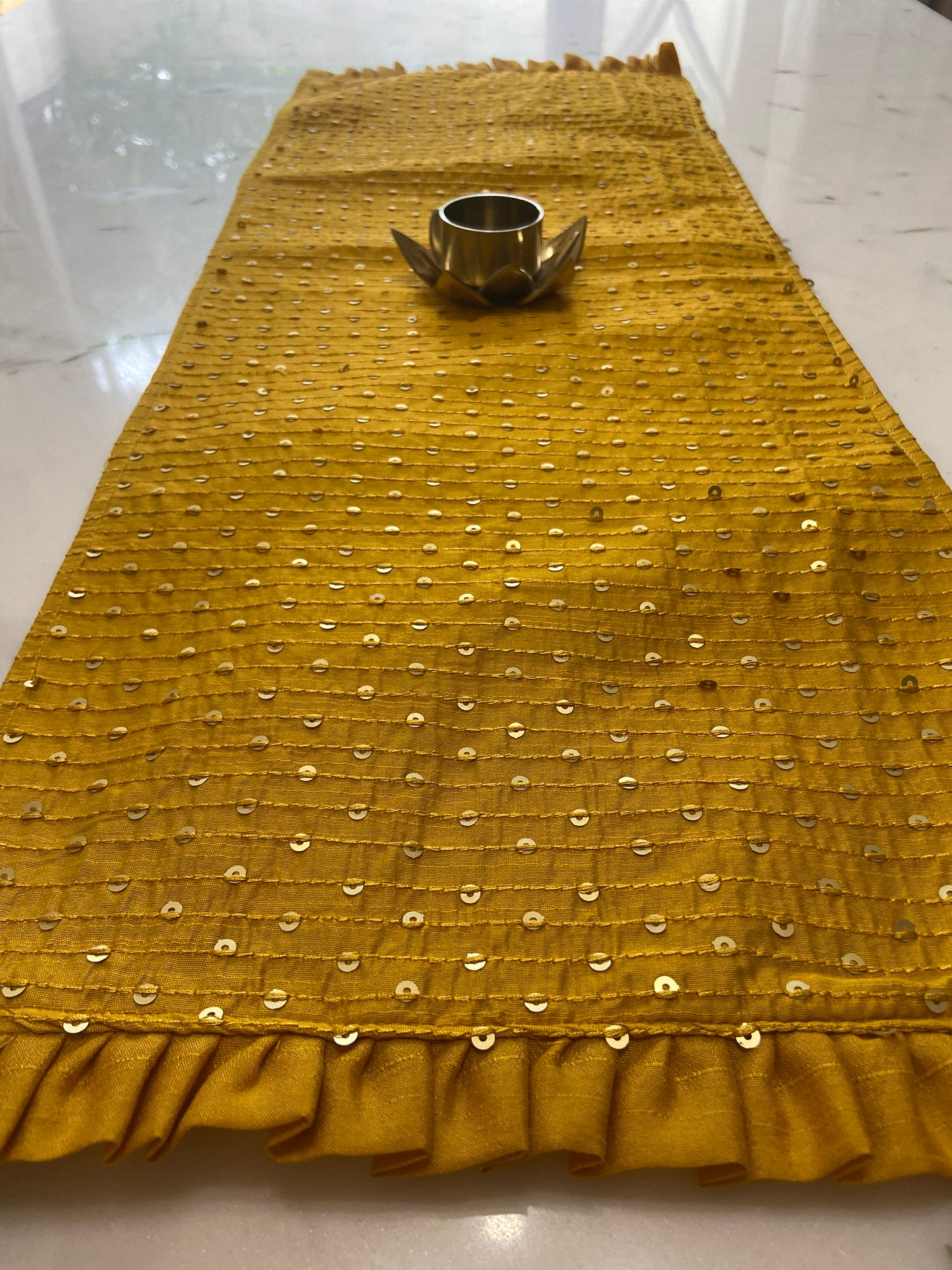 Festive Table Runner Small Size for Dining and Center Table - Mustard yellow with Frills