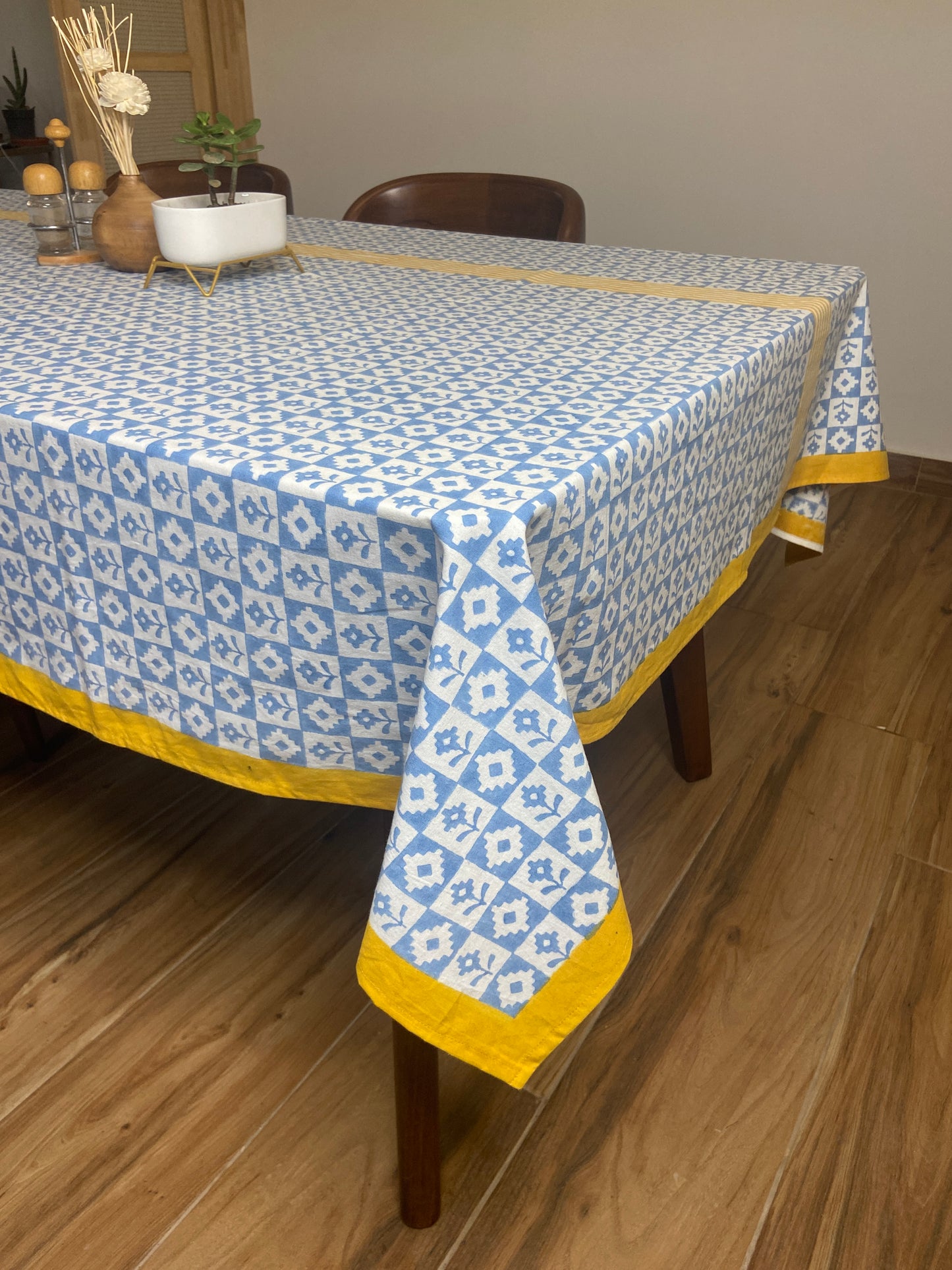 100% Cotton Block Print Table Cloth for 8 seater dining - Modern Pochampalli Blue Flowers