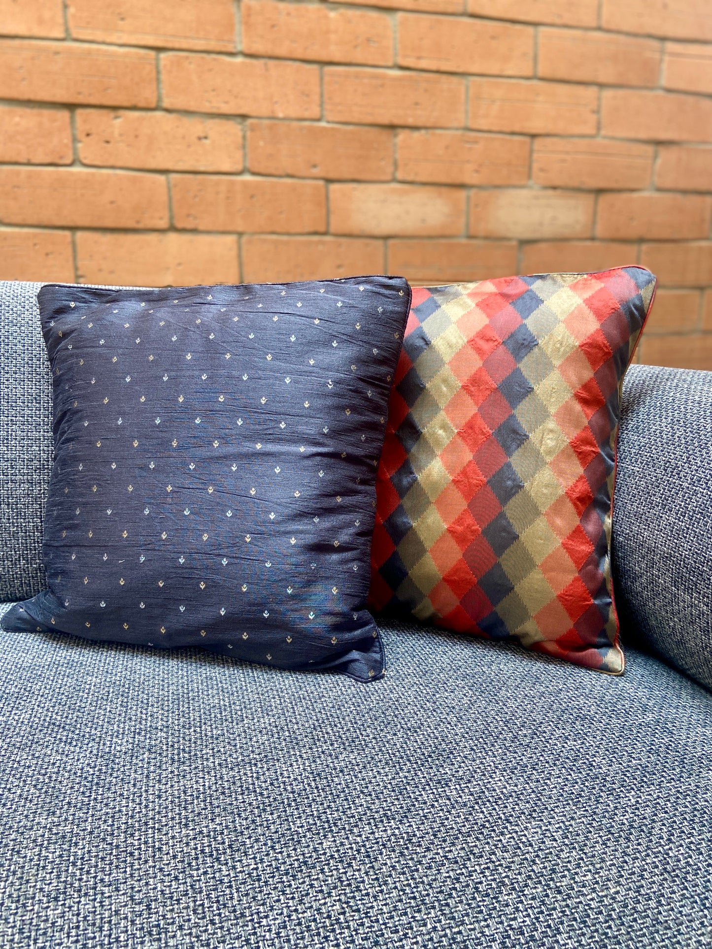 Elegant Rust, Grey & Muted Gold Cushion Cover 16 x 16 inches - Diamond Pattern