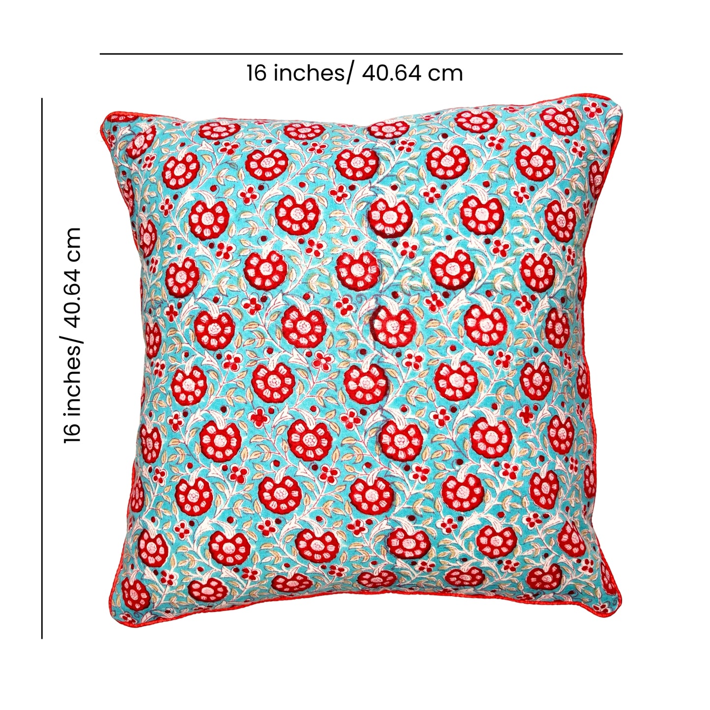 Hand Block Printed Premium Cushion Covers for Sofa, Living Room, Bedroom Size 16" x16" - Red Flowers in Blue Haven
