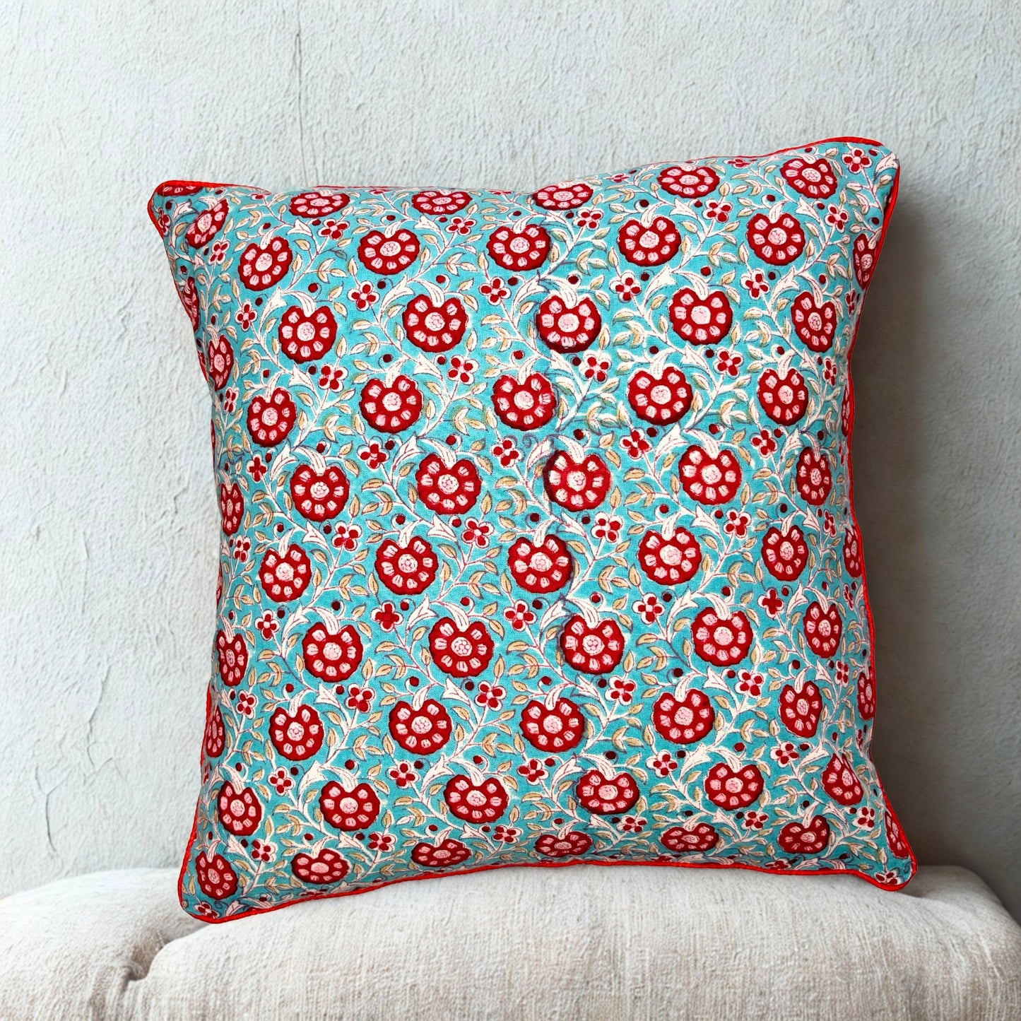 Hand Block Printed Premium Cushion Covers for Sofa, Living Room, Bedroom Size 16" x16" - Red Flowers in Blue Haven