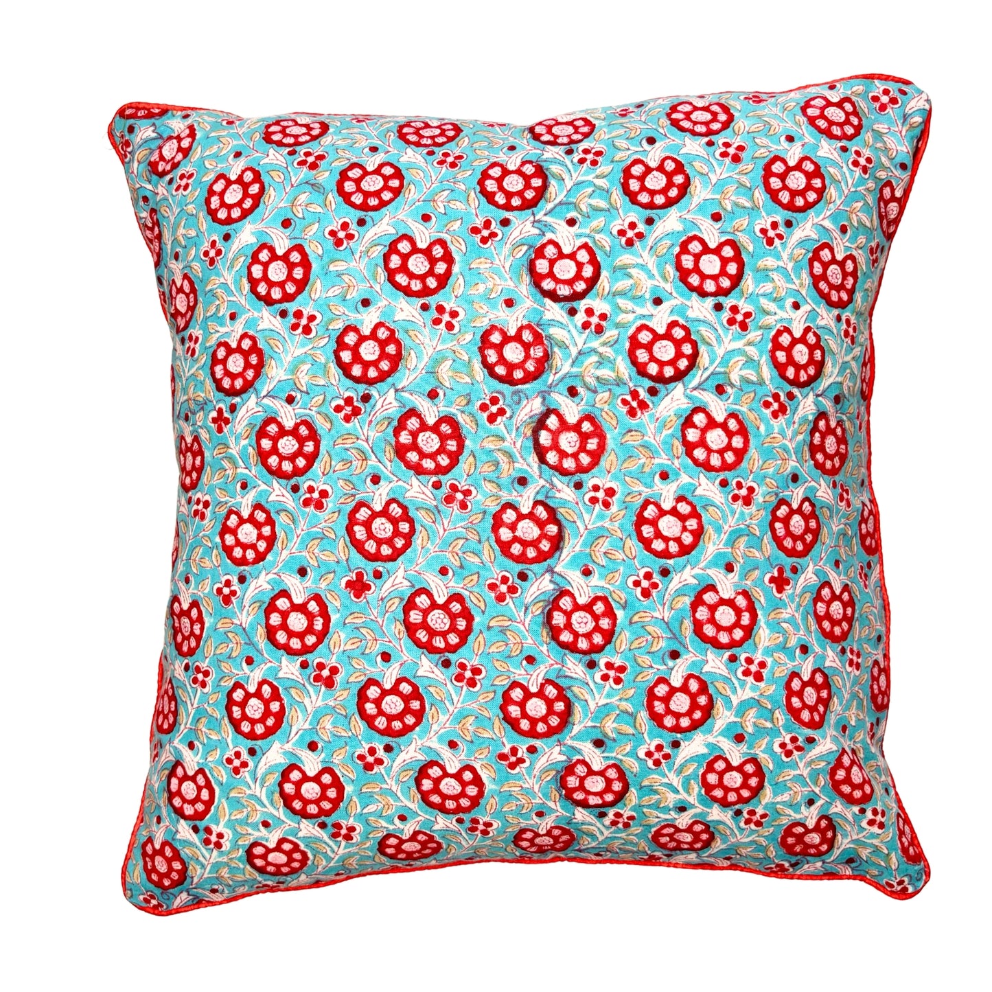 Hand Block Printed Premium Cushion Covers for Sofa, Living Room, Bedroom Size 16" x16" - Red Flowers in Blue Haven