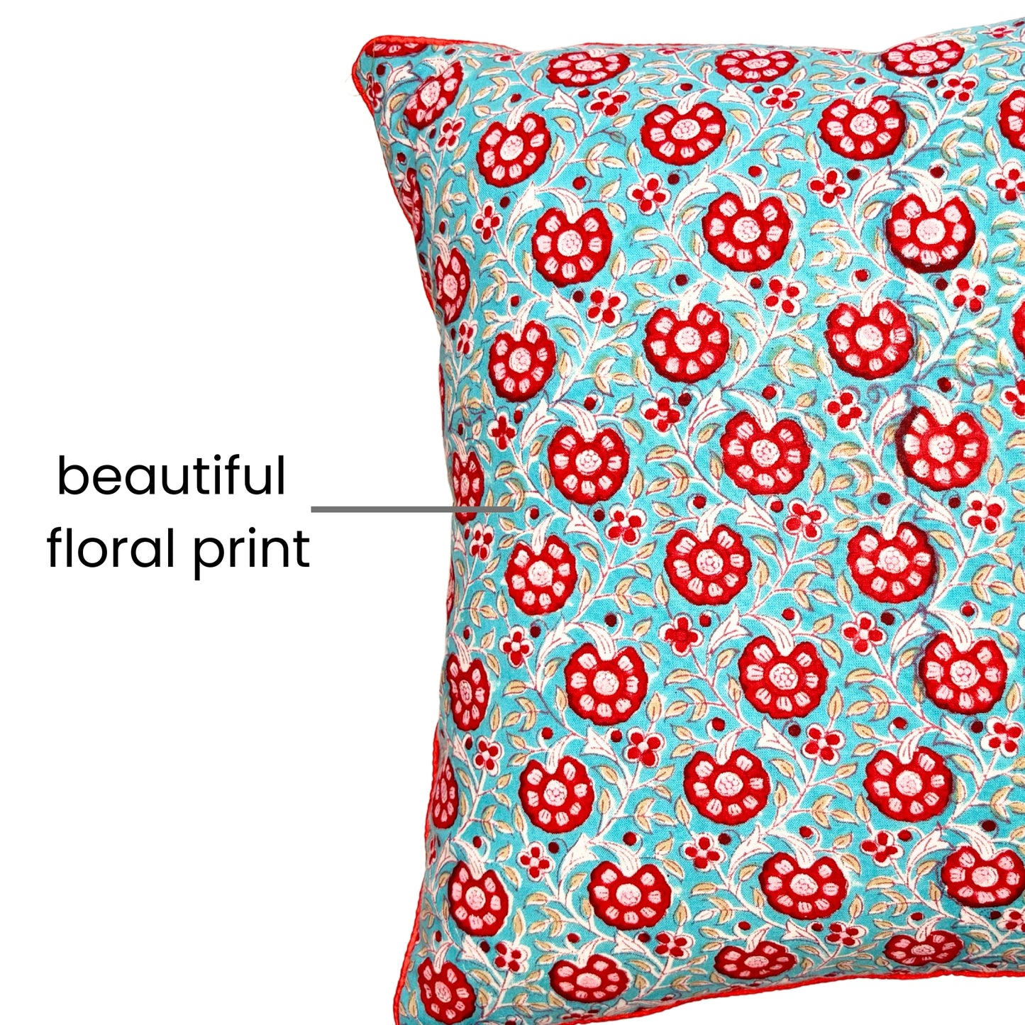 Hand Block Printed Premium Cushion Covers for Sofa, Living Room, Bedroom Size 16" x16" - Red Flowers in Blue Haven