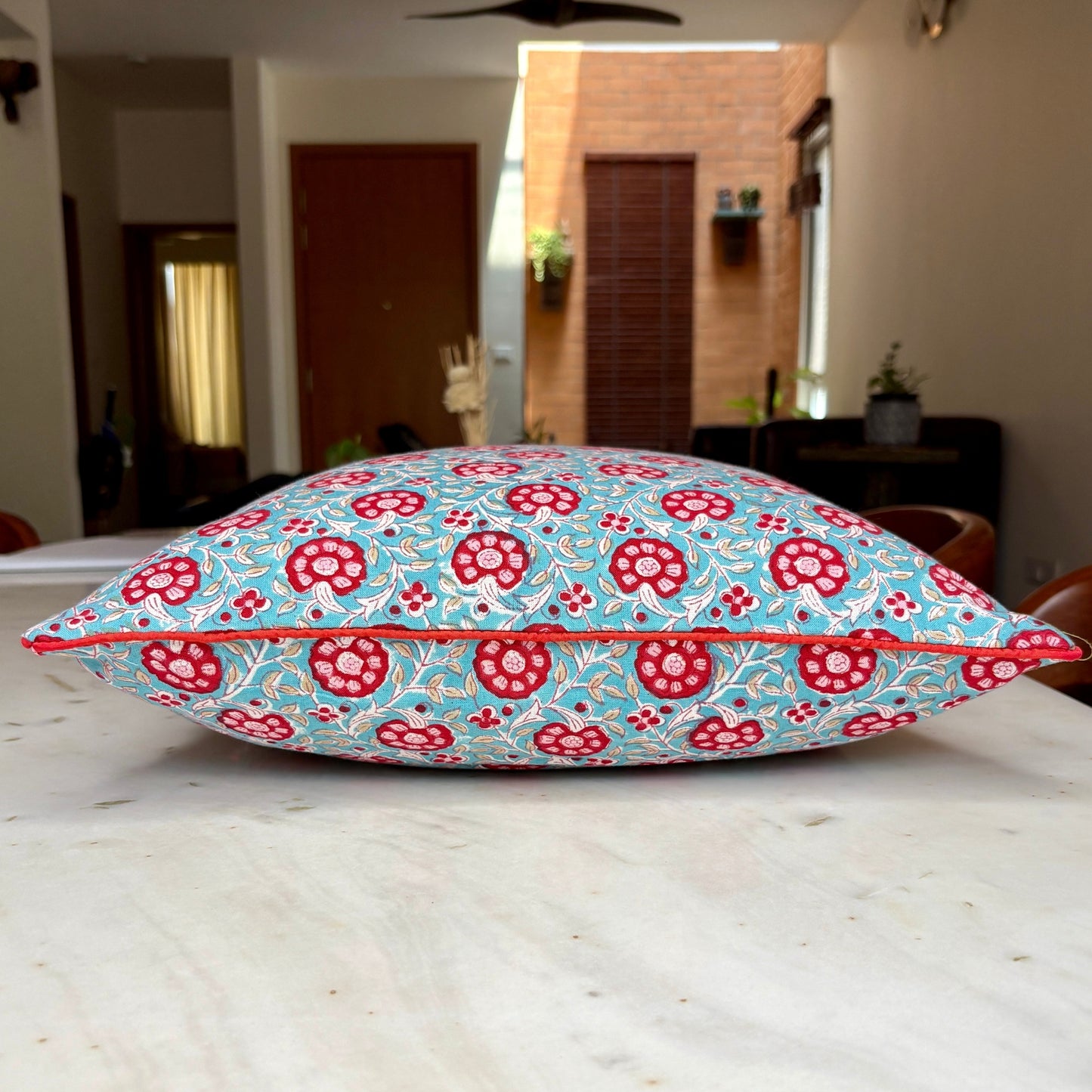Hand Block Printed Premium Cushion Covers for Sofa, Living Room, Bedroom Size 16" x16" - Red Flowers in Blue Haven