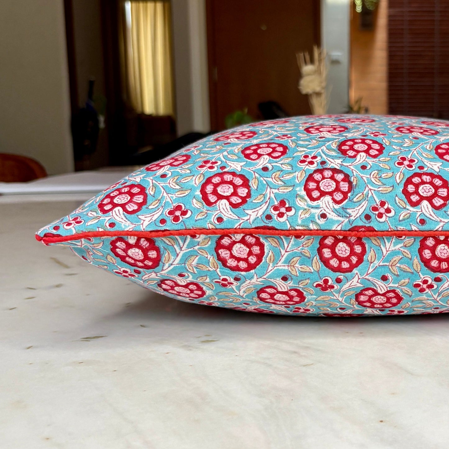 Hand Block Printed Premium Cushion Covers for Sofa, Living Room, Bedroom Size 16" x16" - Red Flowers in Blue Haven