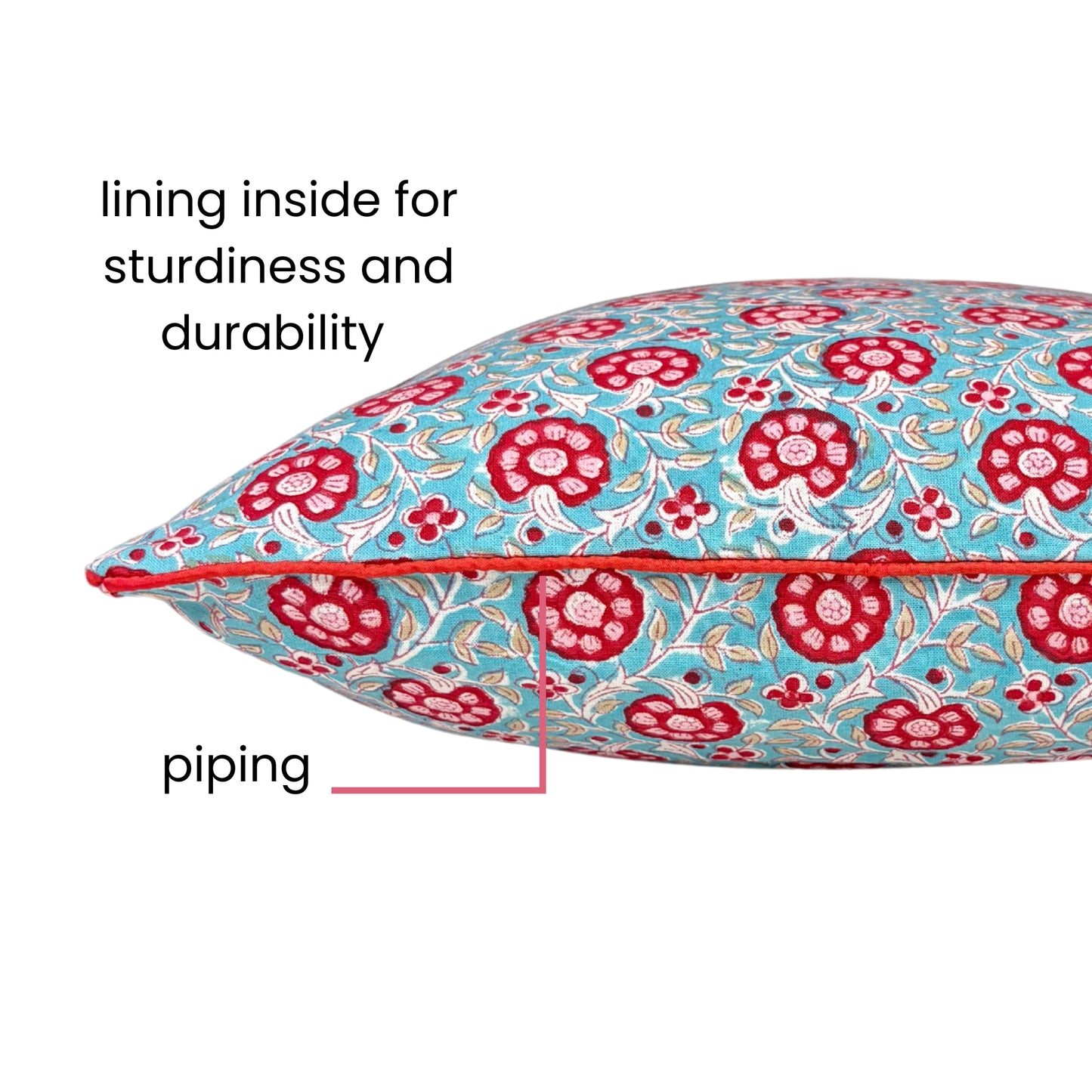 Hand Block Printed Premium Cushion Covers for Sofa, Living Room, Bedroom Size 16" x16" - Red Flowers in Blue Haven