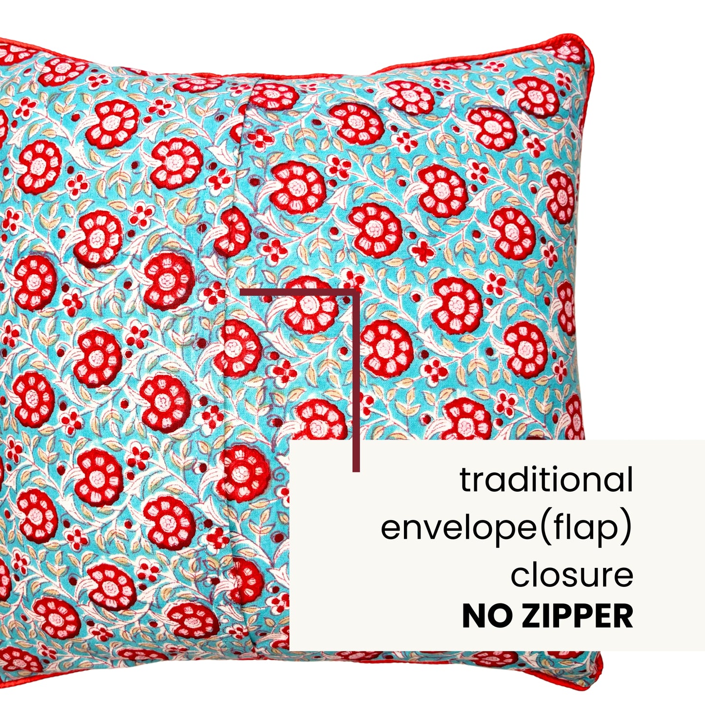 Hand Block Printed Premium Cushion Covers for Sofa, Living Room, Bedroom Size 16" x16" - Red Flowers in Blue Haven