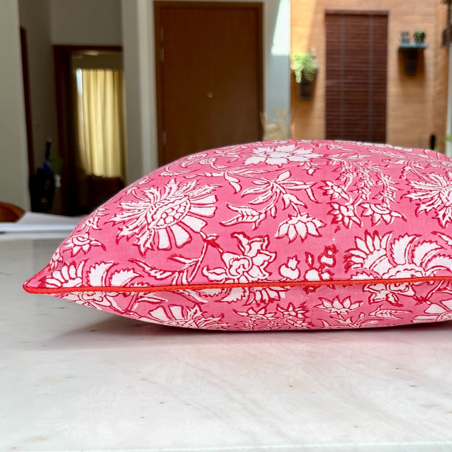 Hand Block Printed Ethnic Premium Cushion Covers for Sofa, Living Room, Bedroom Size 16 inches - Pink Botanical Bliss