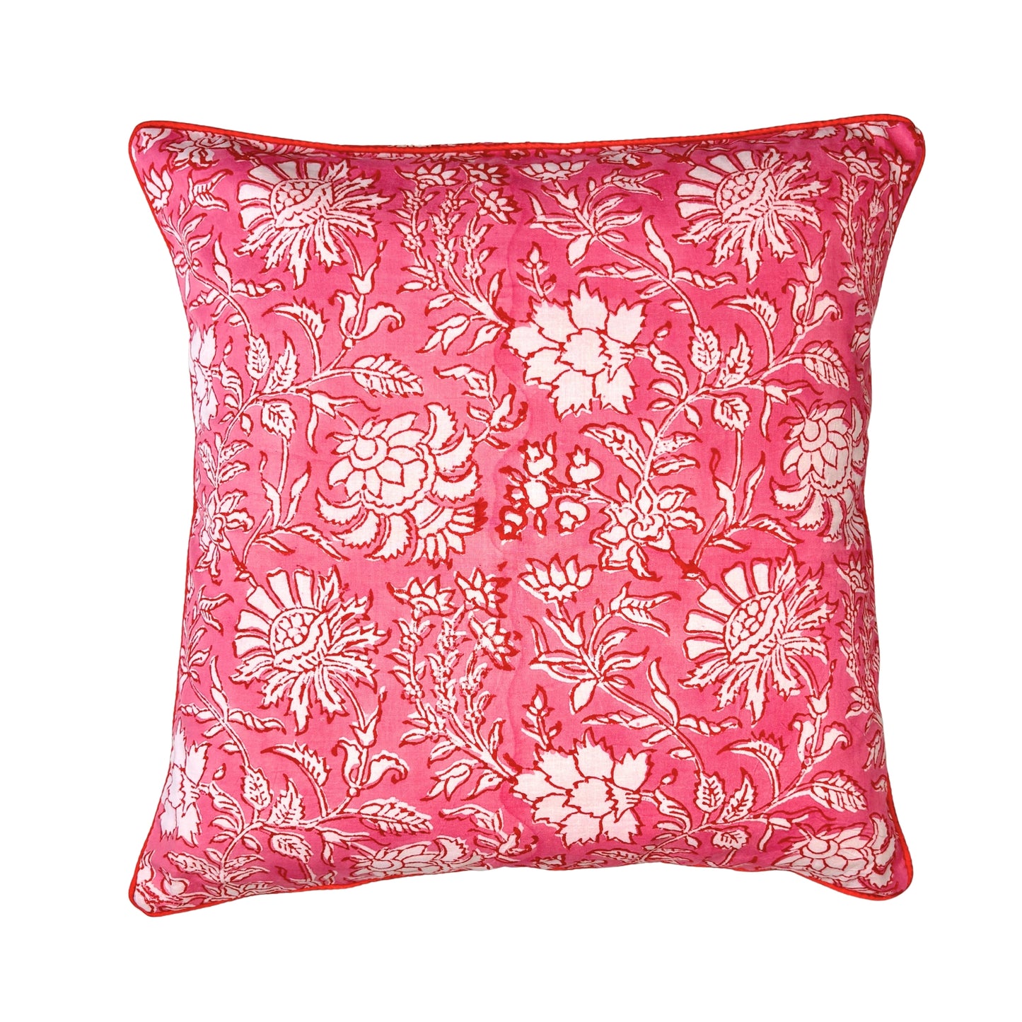 Hand Block Printed Ethnic Premium Cushion Covers for Sofa, Living Room, Bedroom Size 16 inches - Pink Botanical Bliss