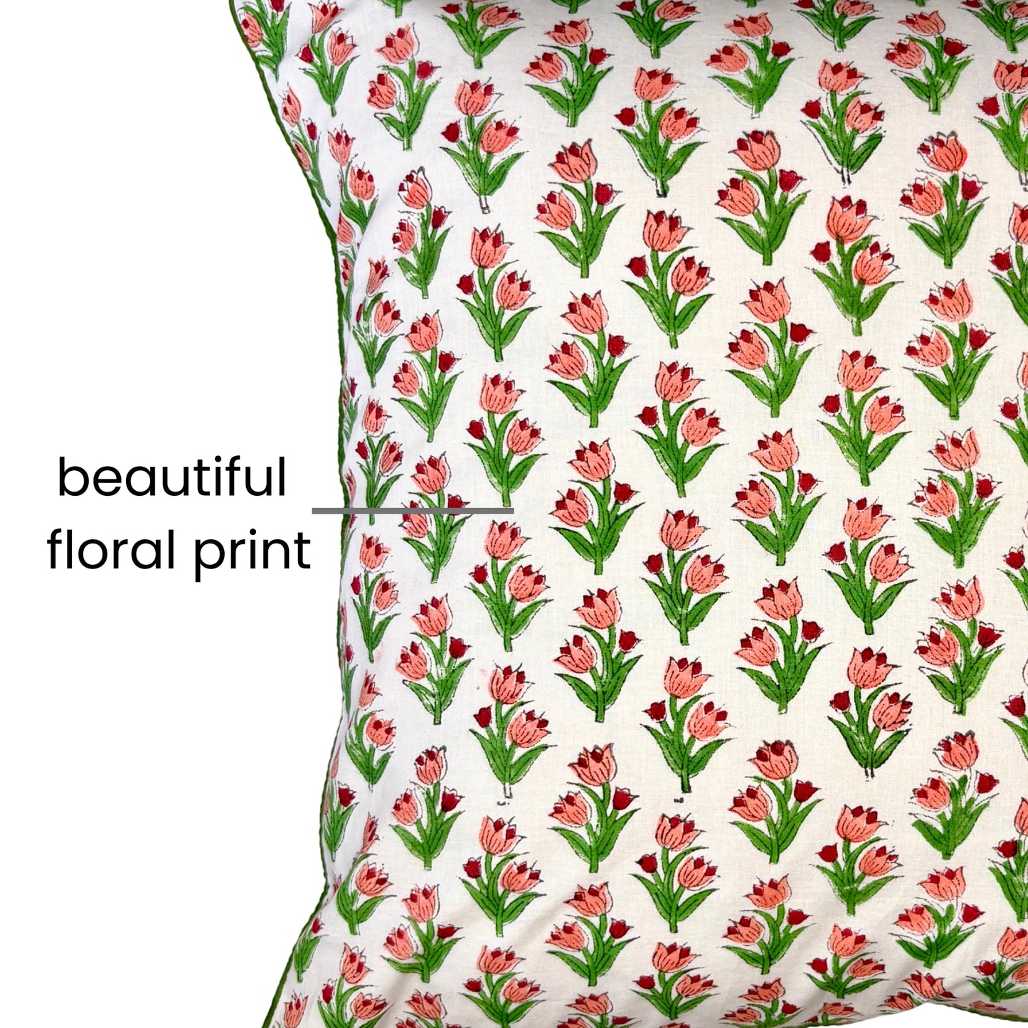 Hand Block Printed Premium Cushion Covers for Sofa, Living Room, Bedroom Size 16" x16" - Pink Flower Bouquets