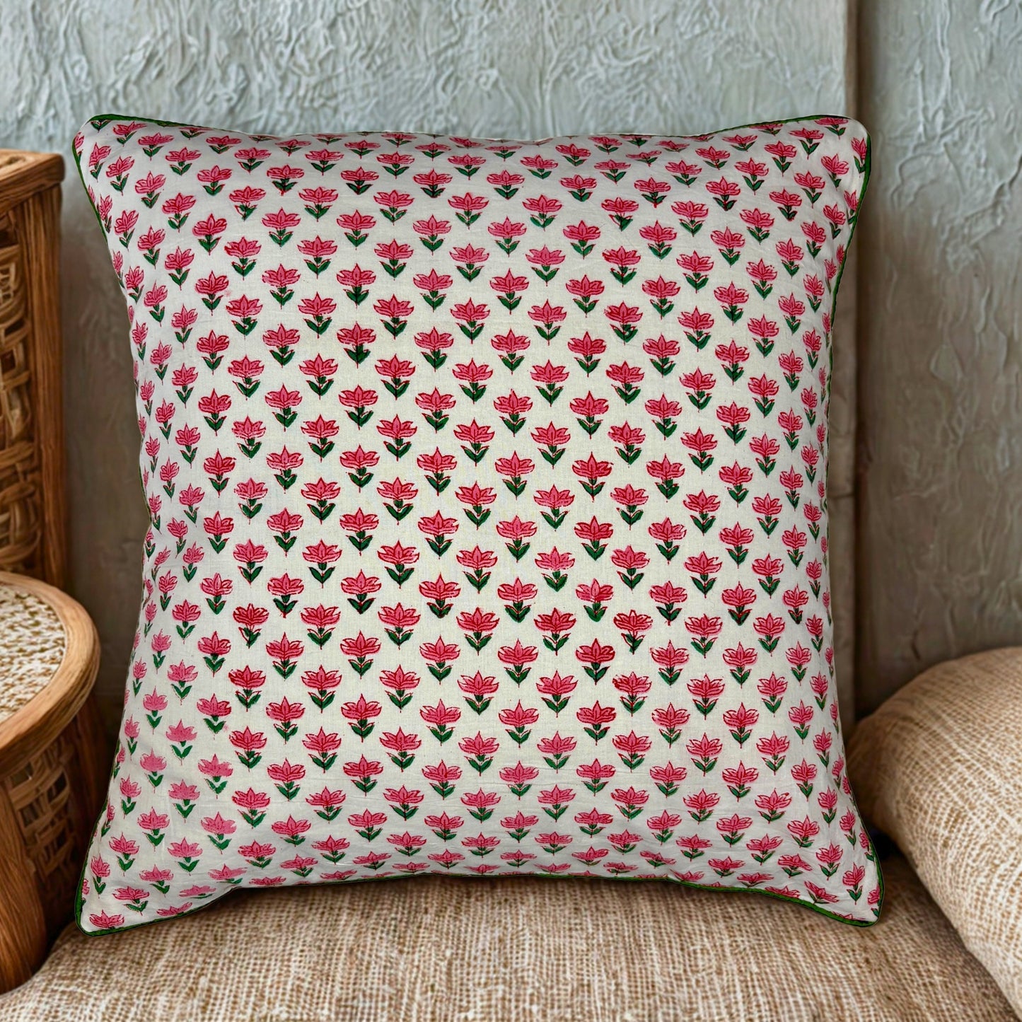 Hand Block Printed Premium Cushion Covers for Sofa, Living Room, Bedroom Size 16" x16" - Small Pink Flowers