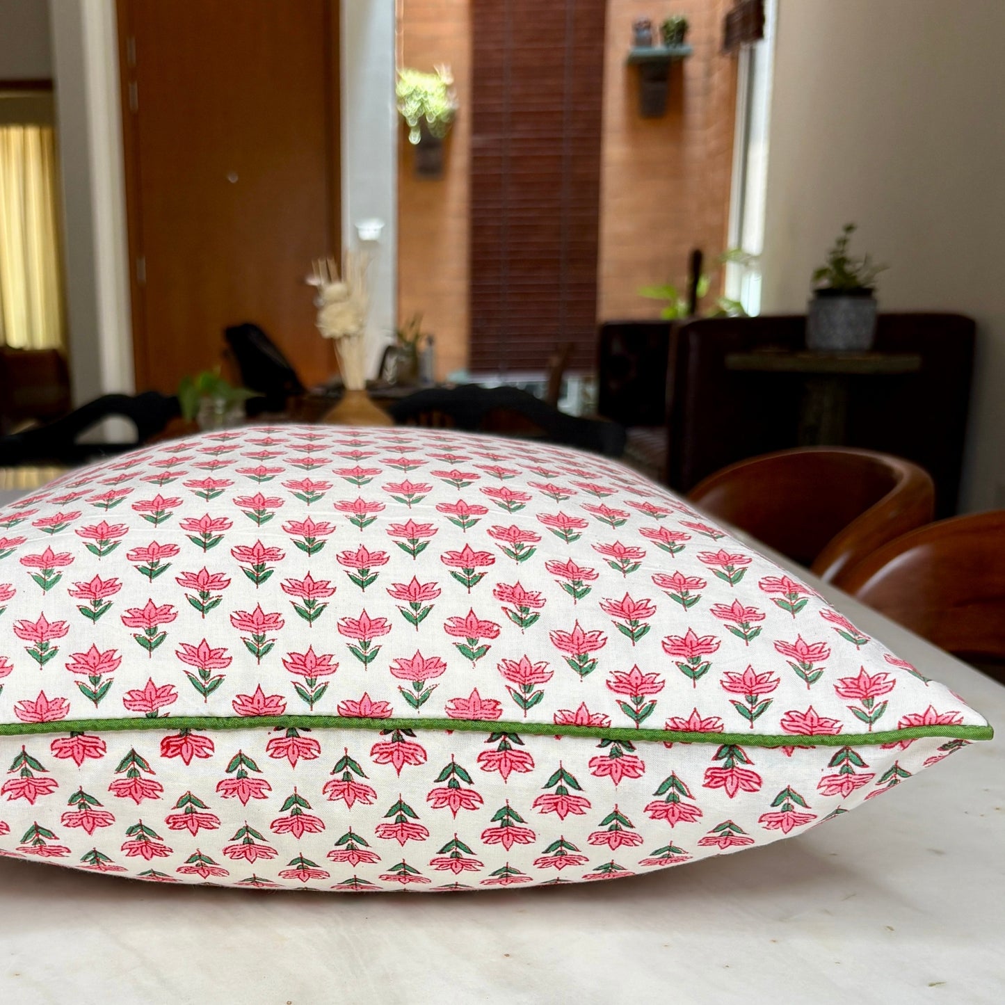 Hand Block Printed Premium Cushion Covers for Sofa, Living Room, Bedroom Size 16" x16" - Small Pink Flowers