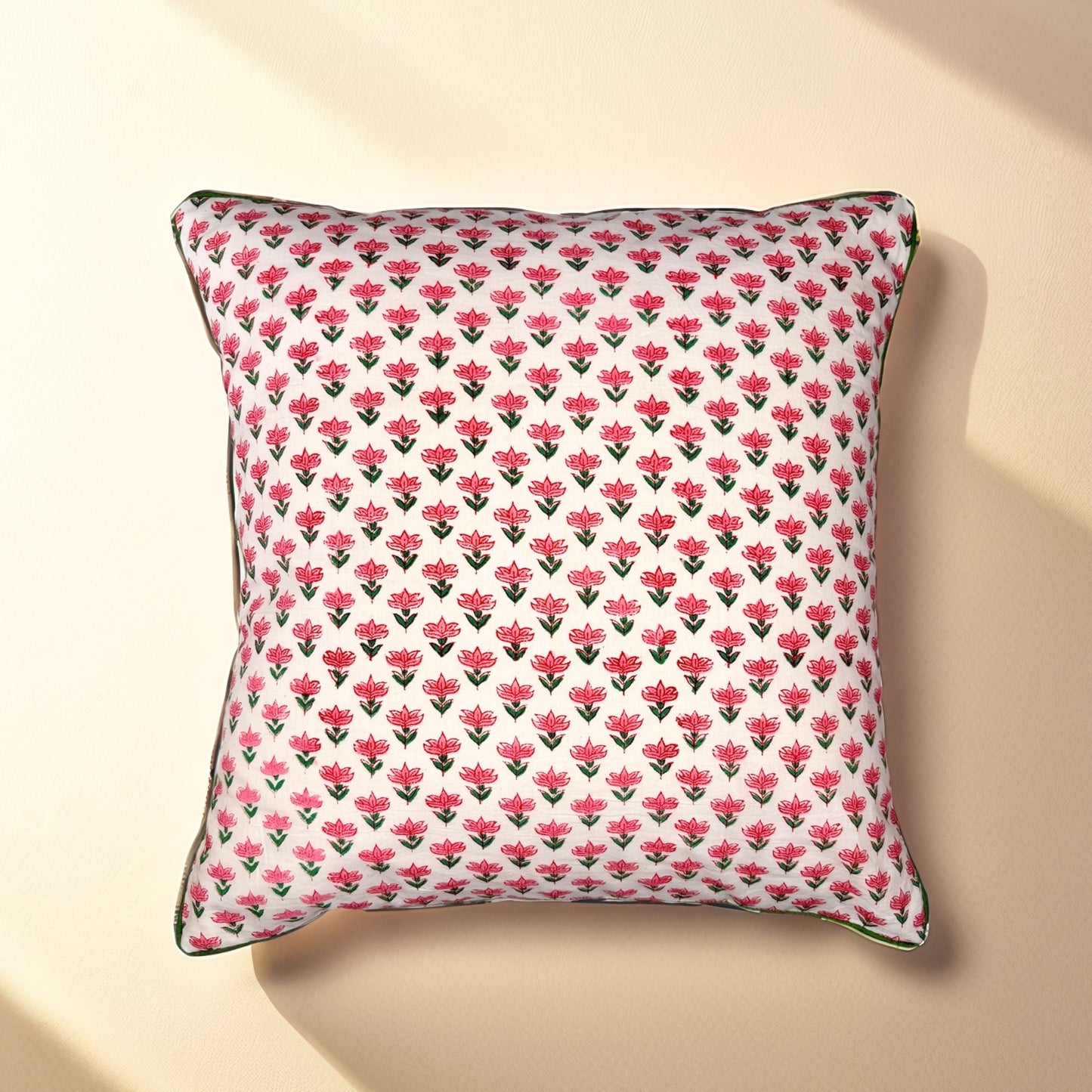 Hand Block Printed Premium Cushion Covers for Sofa, Living Room, Bedroom Size 16" x16" - Small Pink Flowers