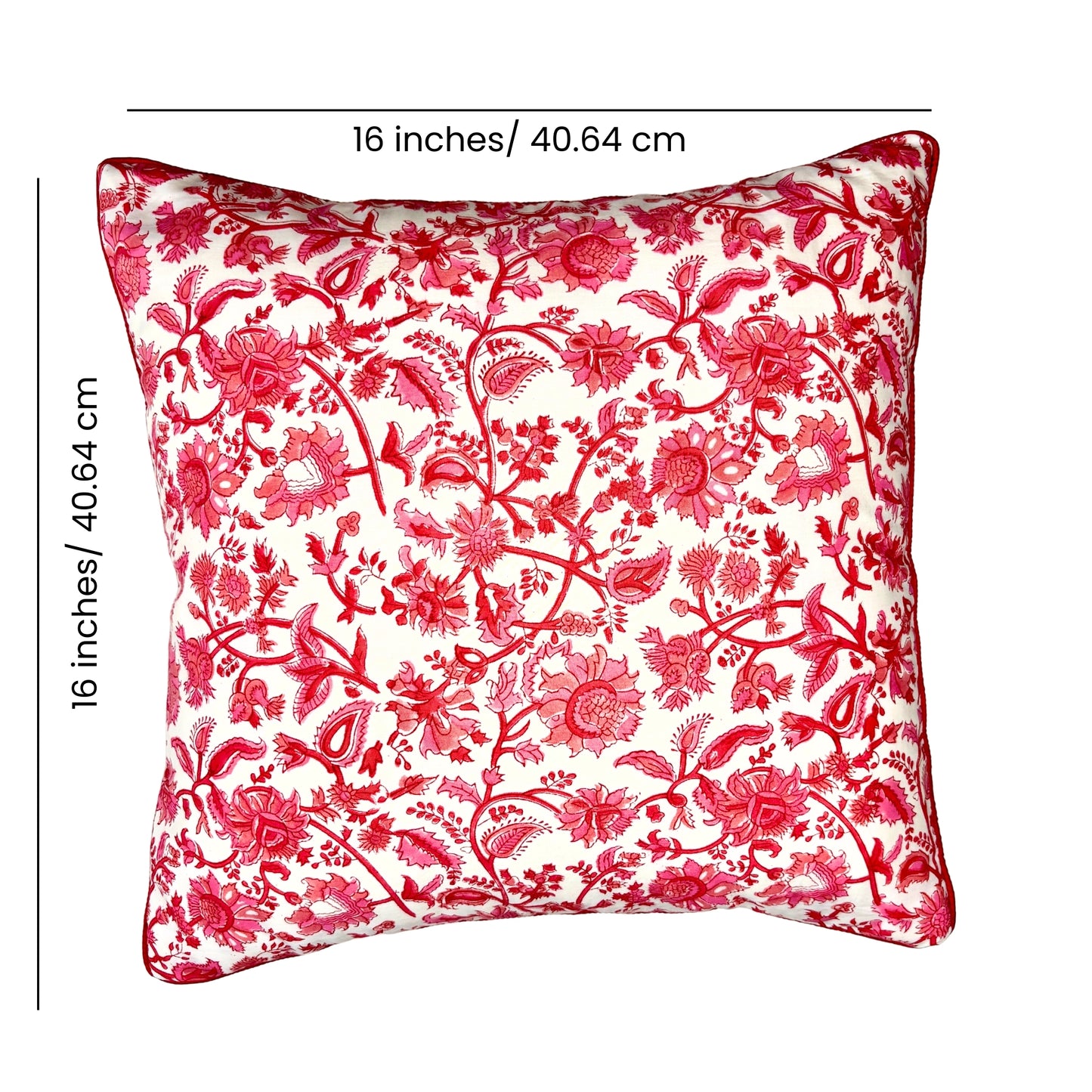Hand Block Printed Premium Cushion Covers for Sofa, Living Room, Bedroom Size 16" x16" - Pink Blossom Wildflower Waltz
