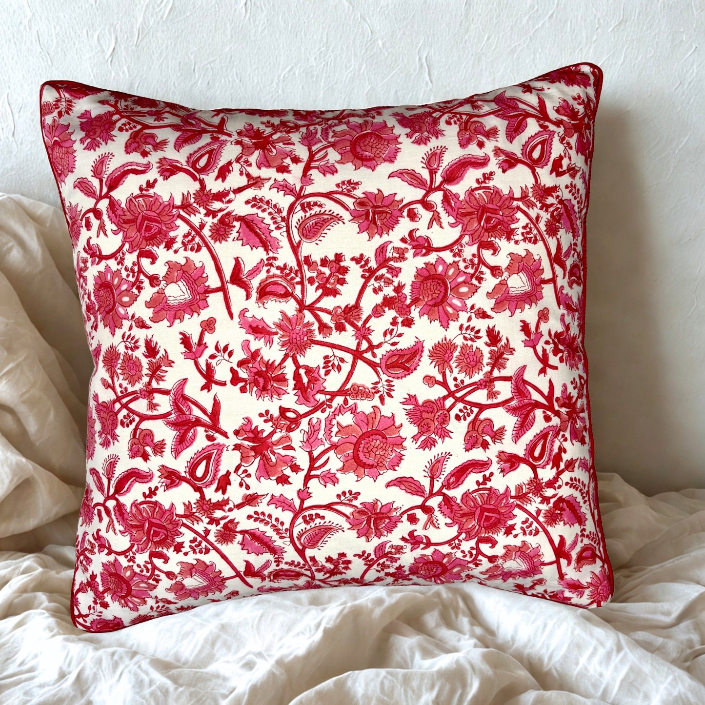 Hand Block Printed Premium Cushion Covers for Sofa, Living Room, Bedroom Size 16" x16" - Pink Blossom Wildflower Waltz