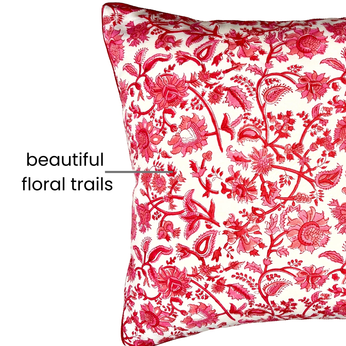 Hand Block Printed Premium Cushion Covers for Sofa, Living Room, Bedroom Size 16" x16" - Pink Blossom Wildflower Waltz