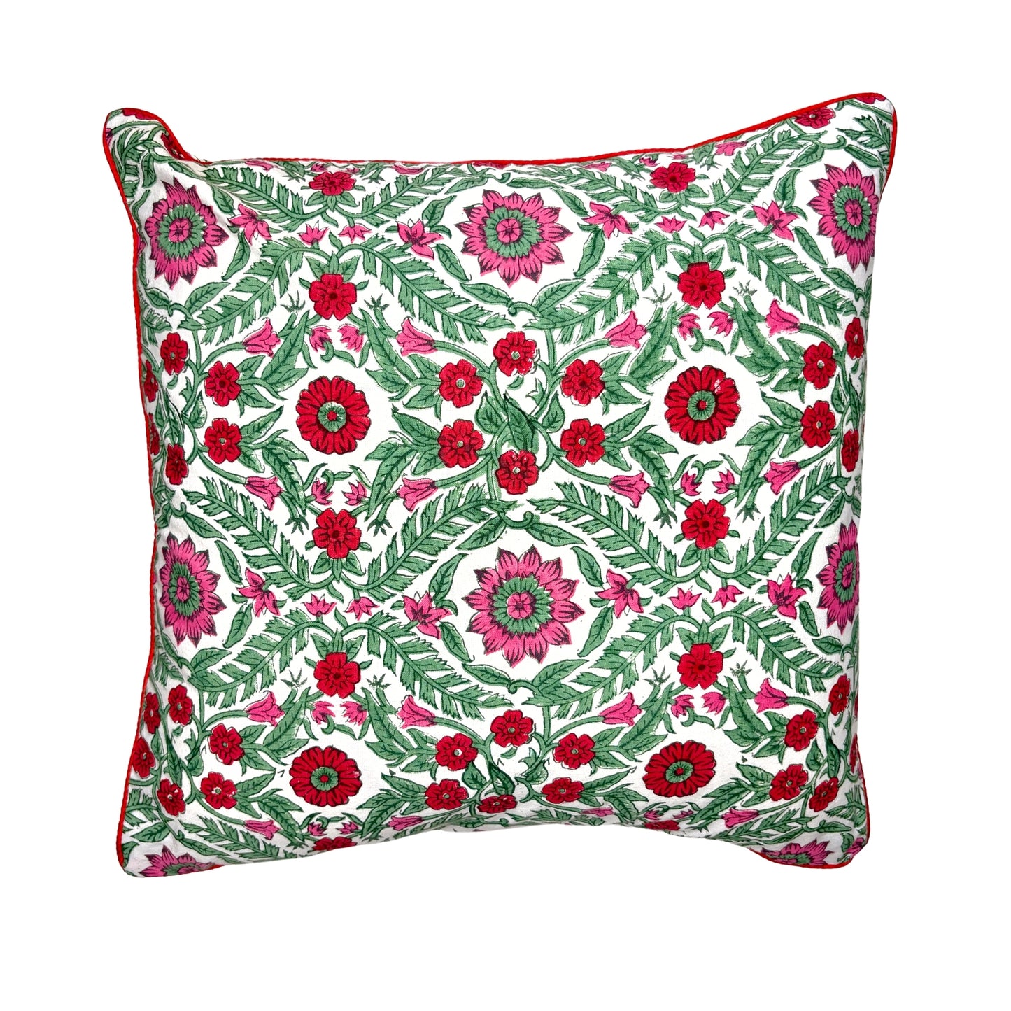 Hand Block Printed Premium Cushion Covers for Sofa, Living Room, Bedroom Size 16" x16" - Pink and Red Vintage Flowers