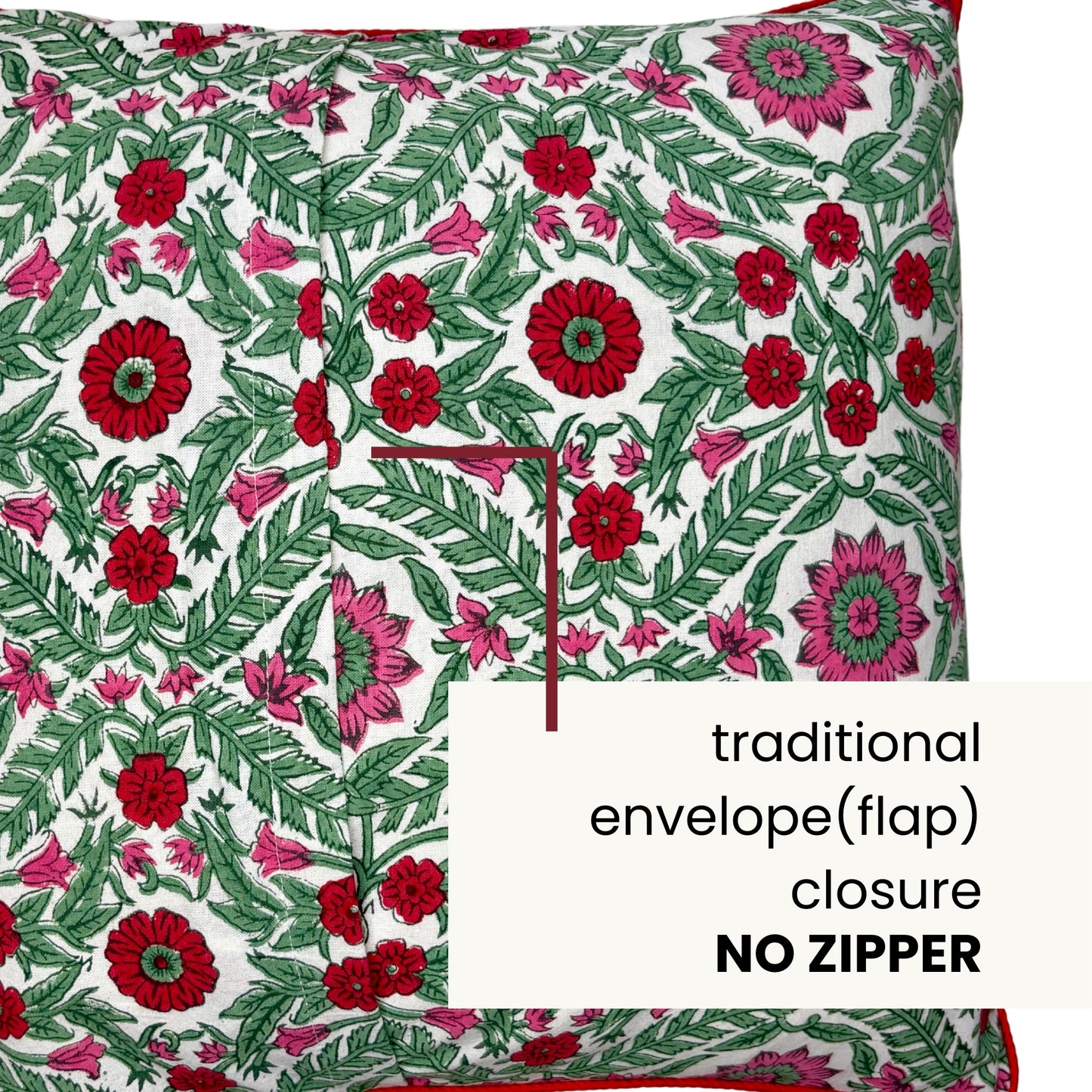 Hand Block Printed Premium Cushion Covers for Sofa, Living Room, Bedroom Size 16" x16" - Pink and Red Vintage Flowers