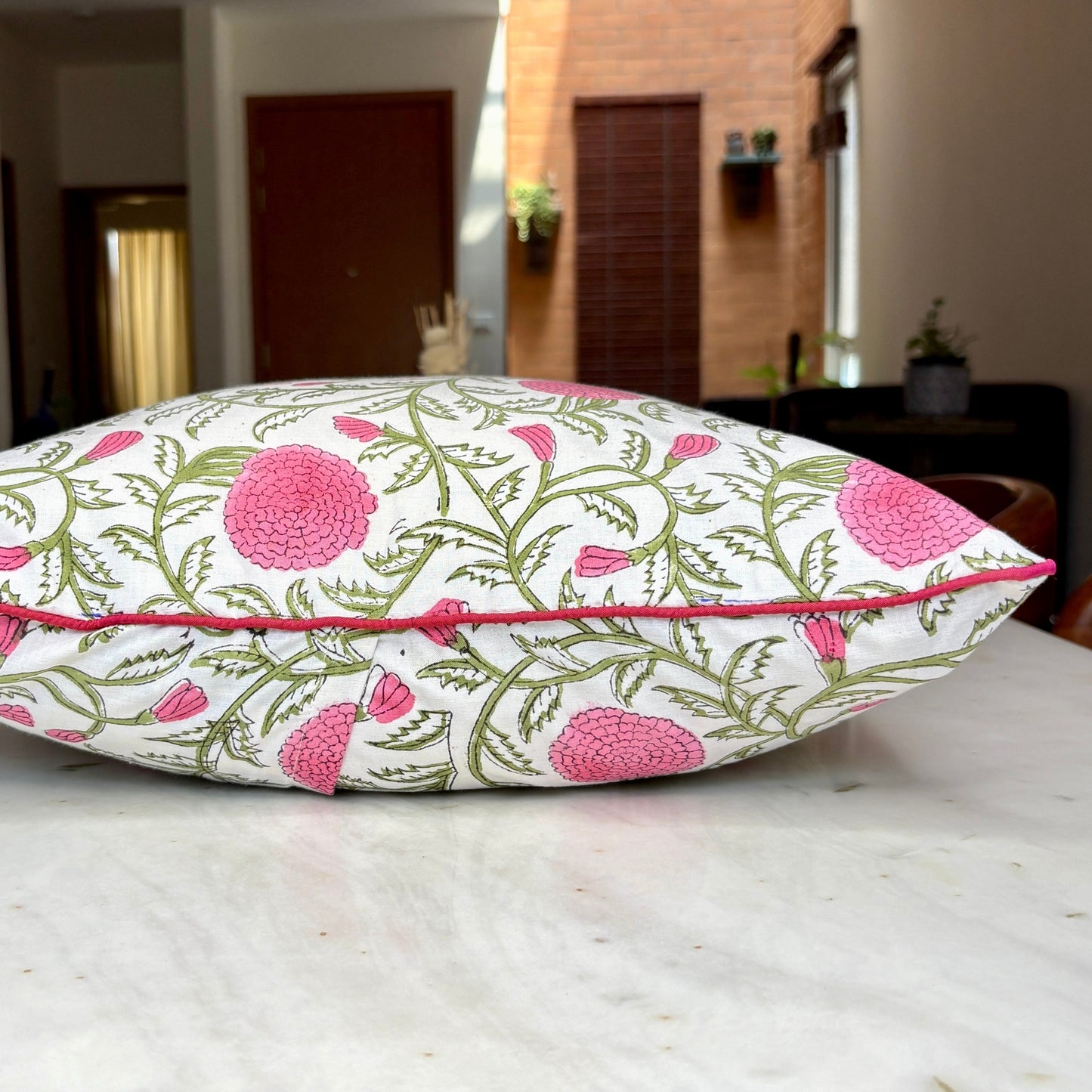 Hand Block Printed Premium Cushion Covers for Sofa, Living Room, Bedroom Size 16" x16" - Pink Blossom Whispers