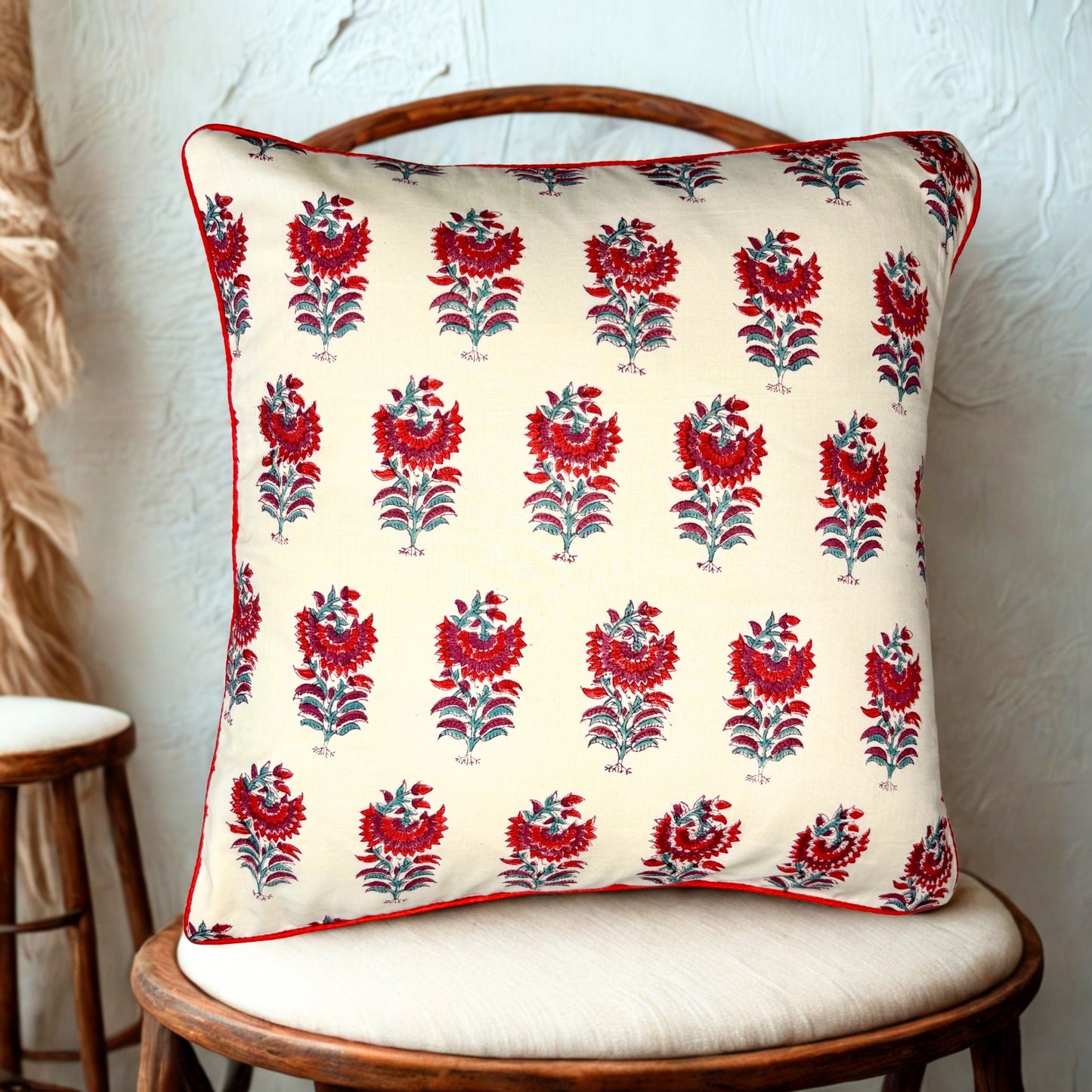 Decorative Cushion Covers for Sofa, Bed Standard Size 16 inches - Red and Grey Flower Motif