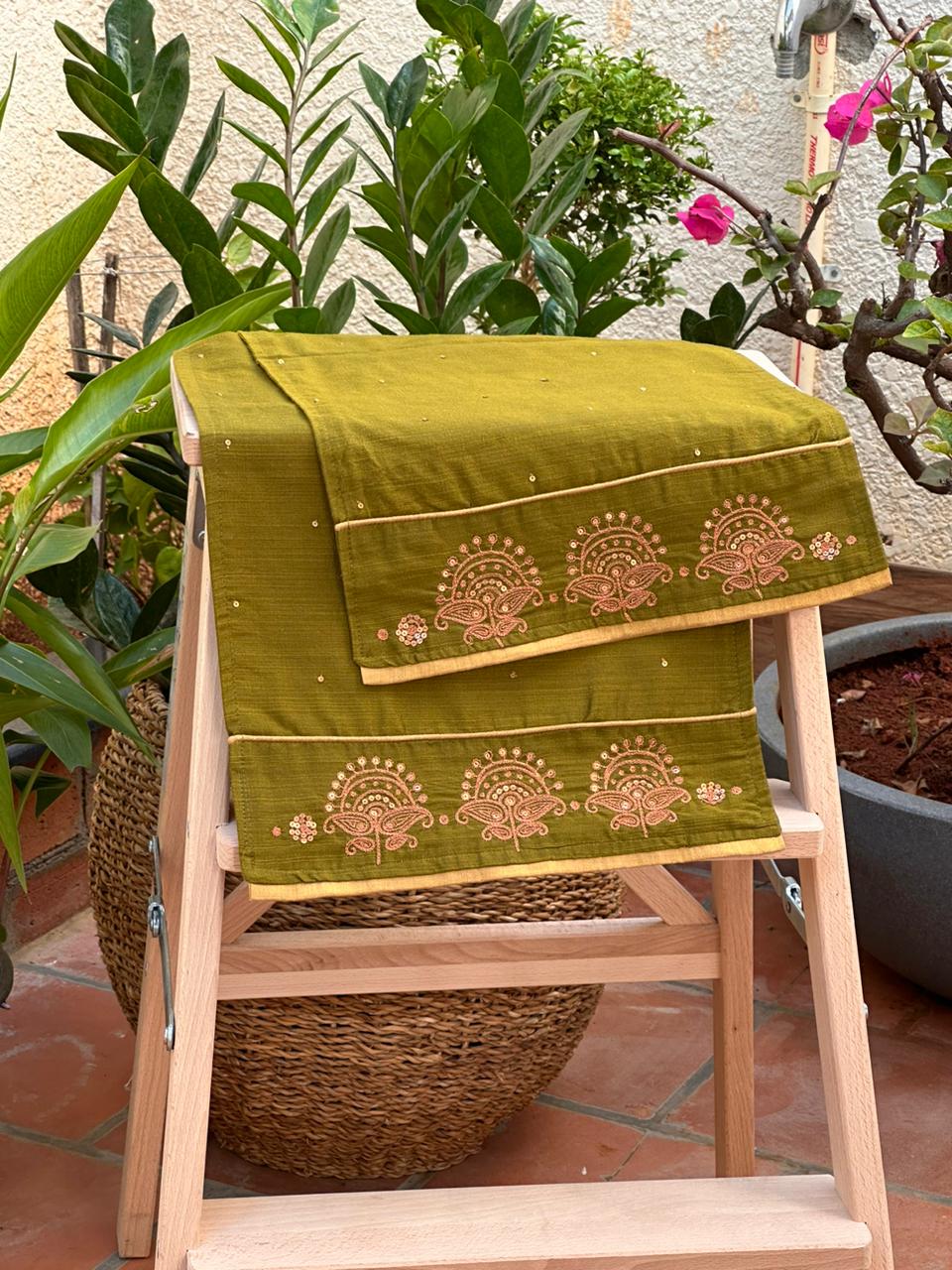 Festive Table Runner Small Size for Dining and Center Table - Green Hand Embroidery