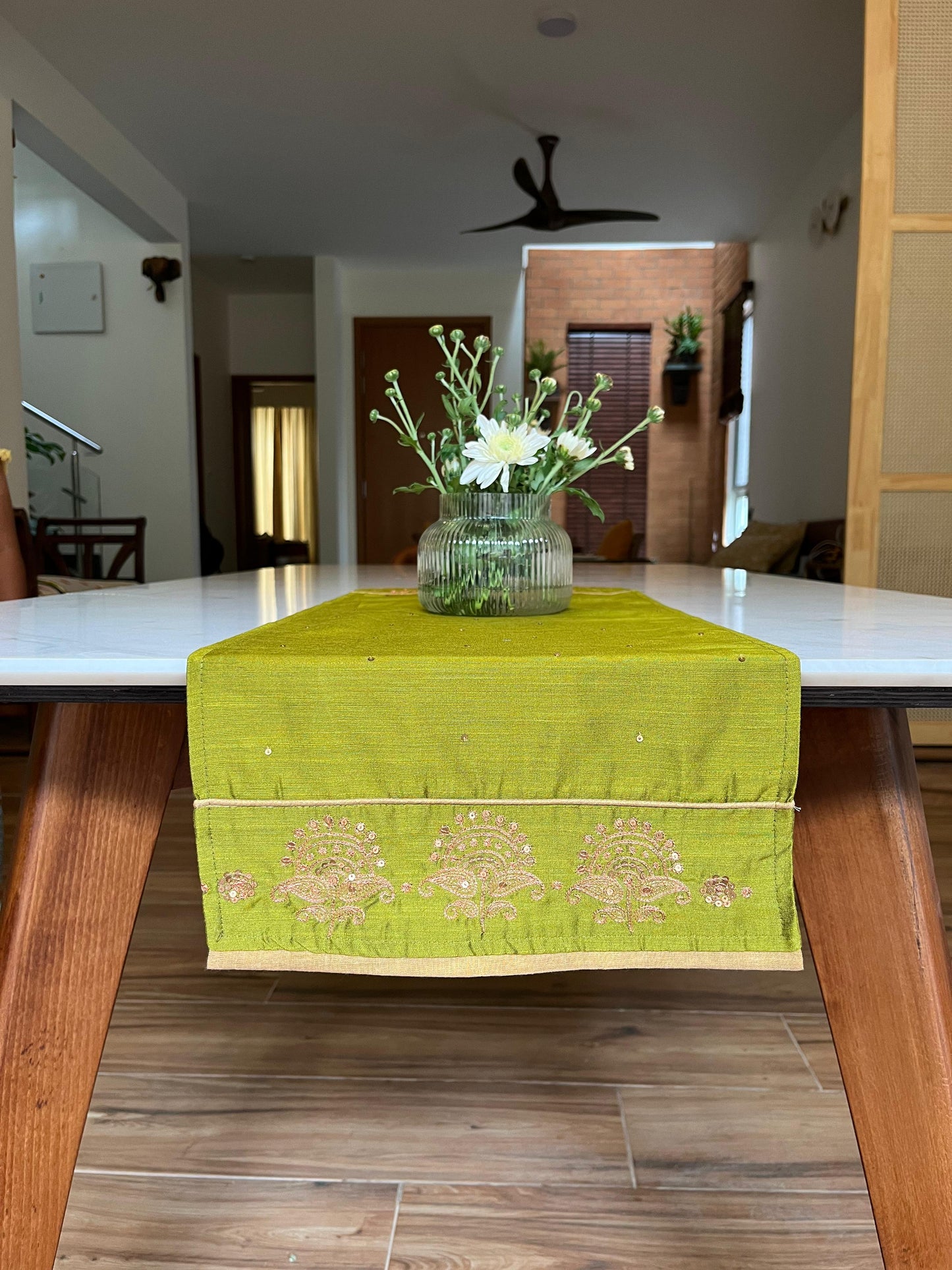 Festive Table Runner Small Size for Dining and Center Table - Green Hand Embroidery