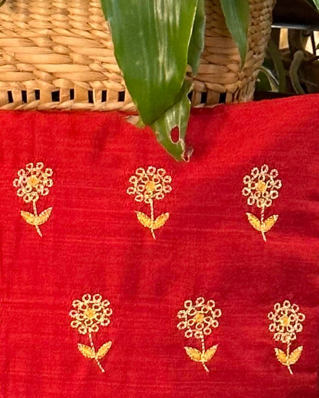 Hand Embroidered Cushion Cover 16 x 16 inches - Gold Flowers on Red