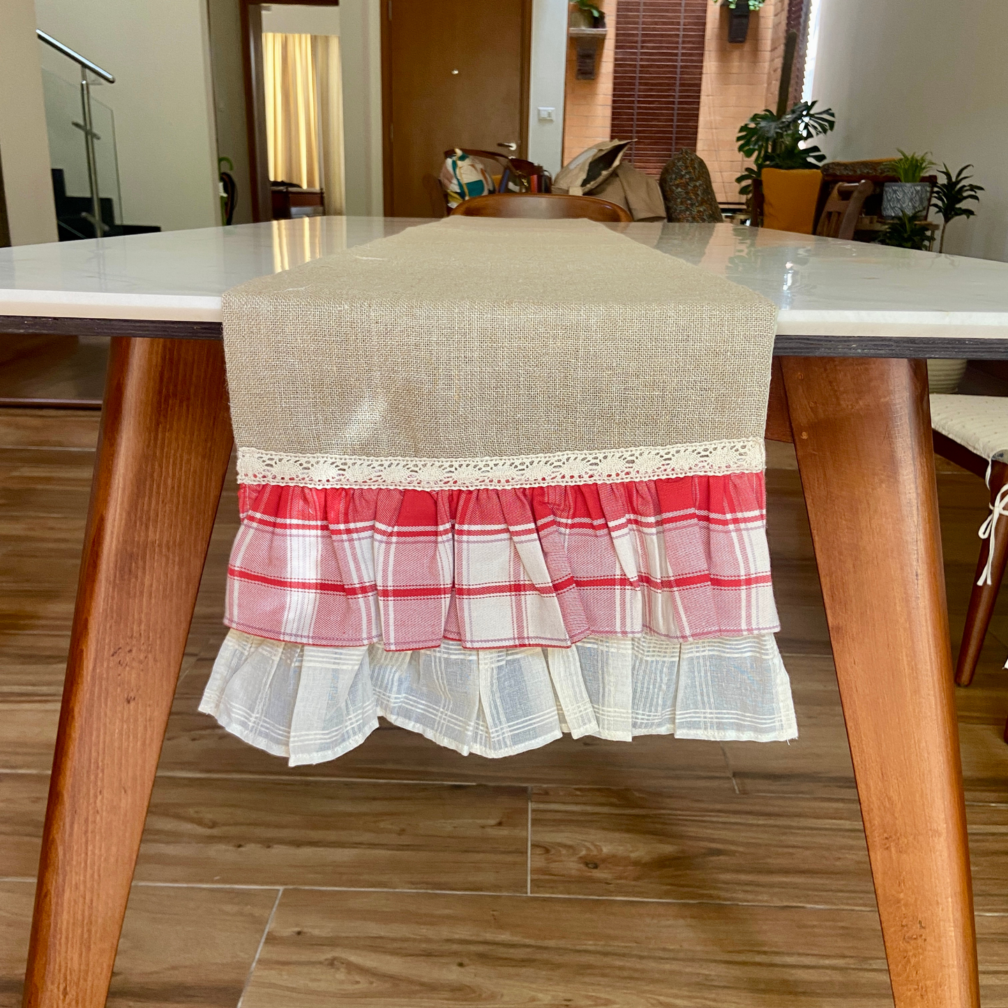 Rustic Modern Table Runner for 6 or 8 seater dining - Jute with Red Double Frills
