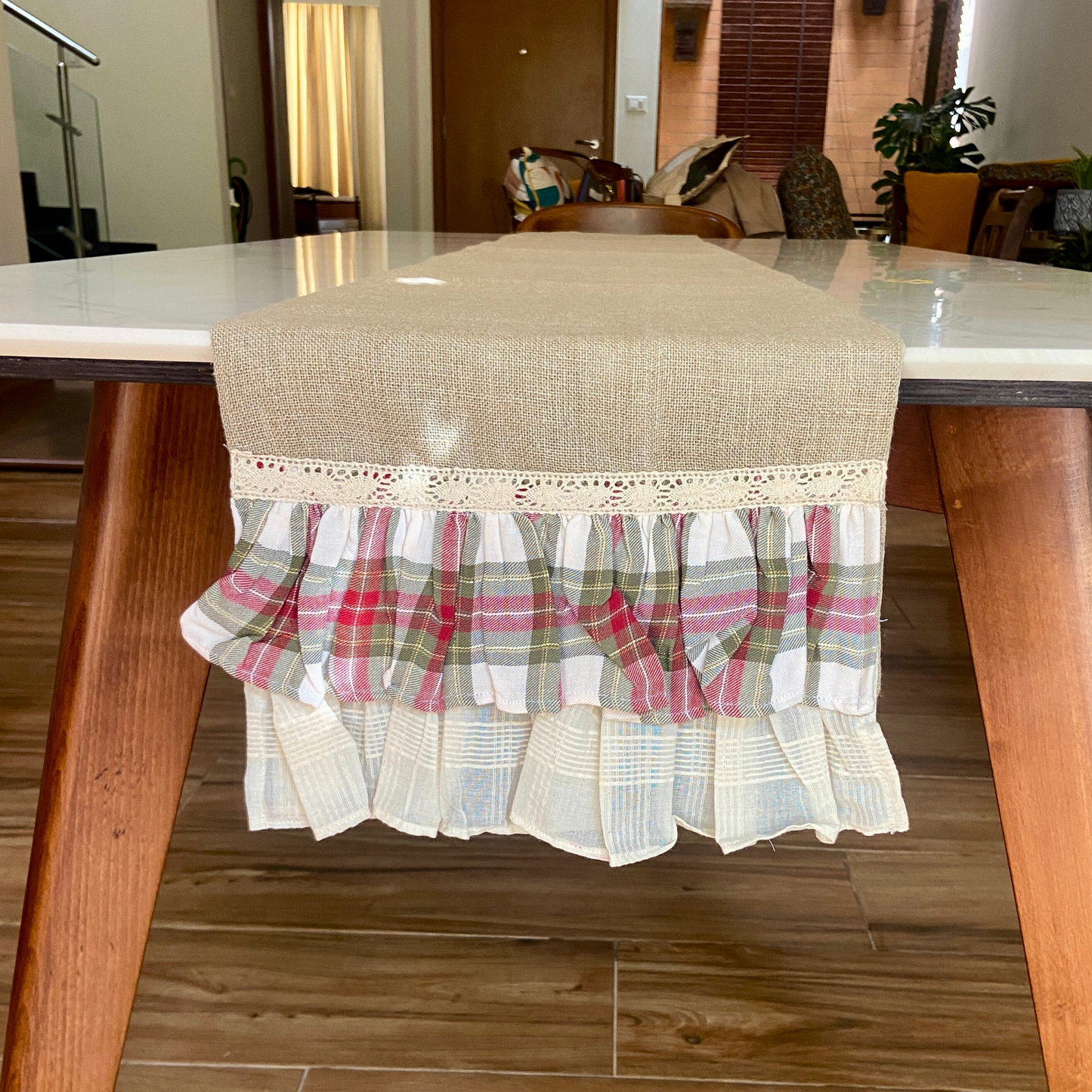 Rustic Modern Table Runner for 6 or 8 seater dining - Jute with Green Double Frills