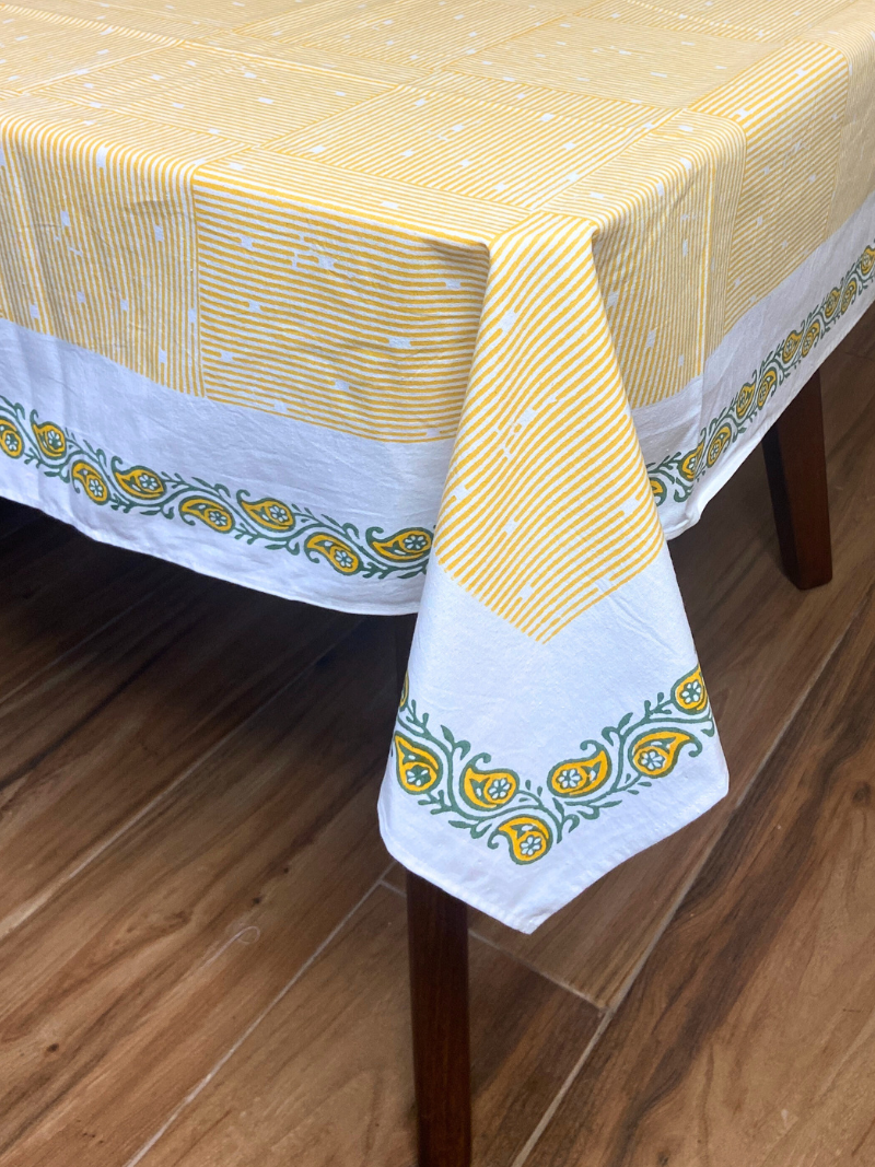 100% Cotton Block Print Table Cloth for 6 seater dining - Hatched Pattern Mustard