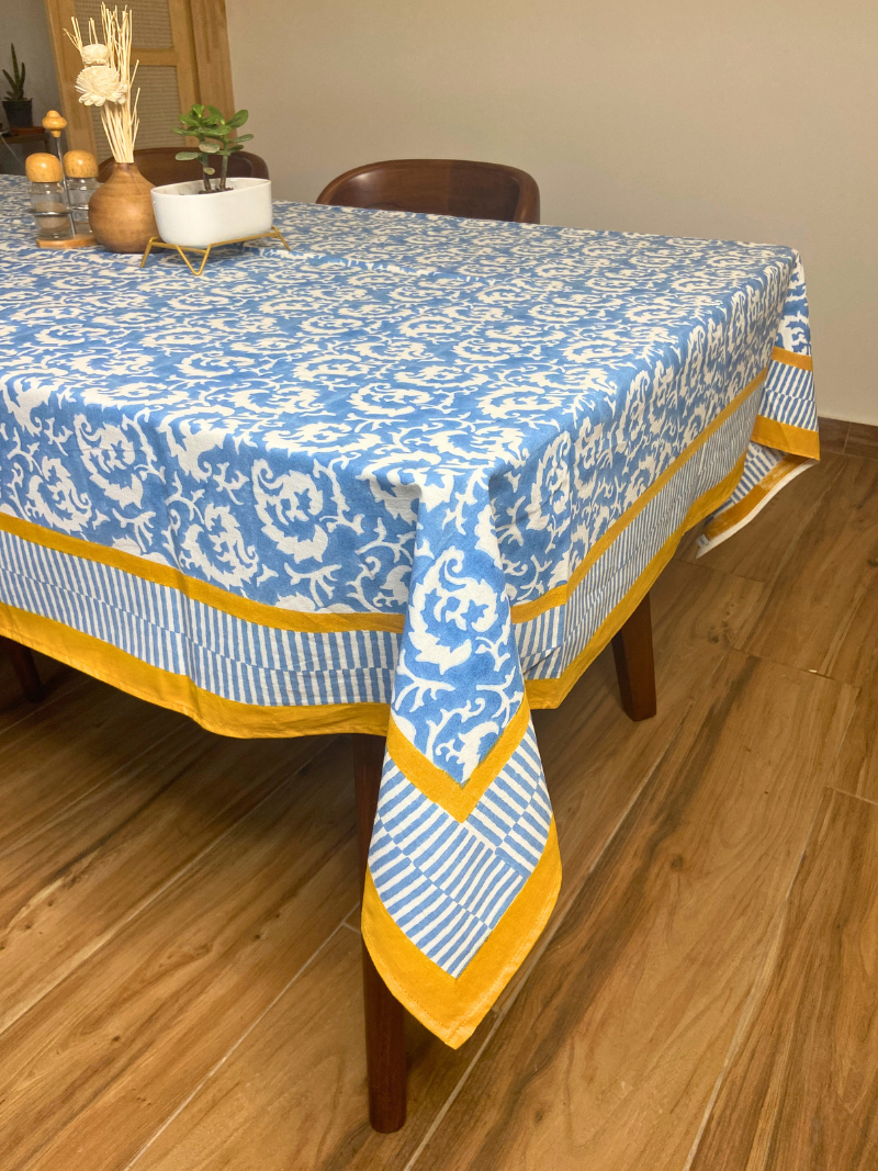 100% Cotton Block Print Table Cloth for 6 and 8 seater dining - Light Blue Waves Modern
