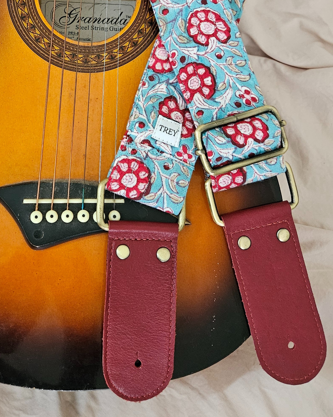Boho Guitar Strap Shoulder Strap - Blue and Red Ethnic Vintage Look with Leather Tabs
