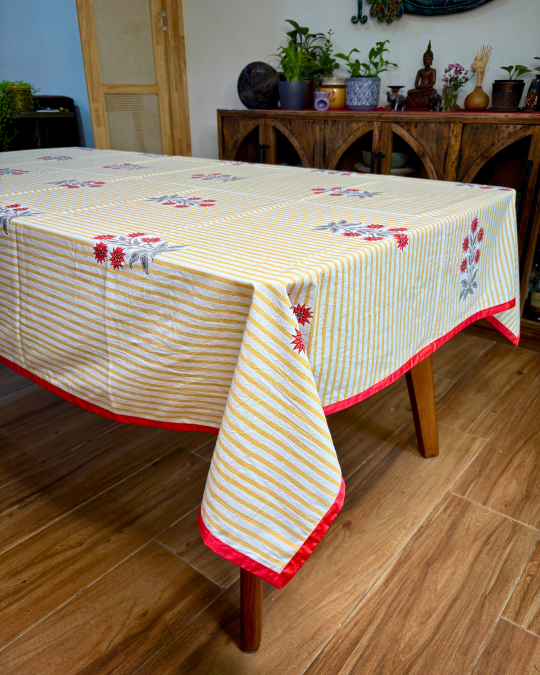 100% Cotton Block Print Table Cloth for 6 -8 seater dining (5ft - 6ft) - Yellow Strips with Red Grey Flower Bouquet