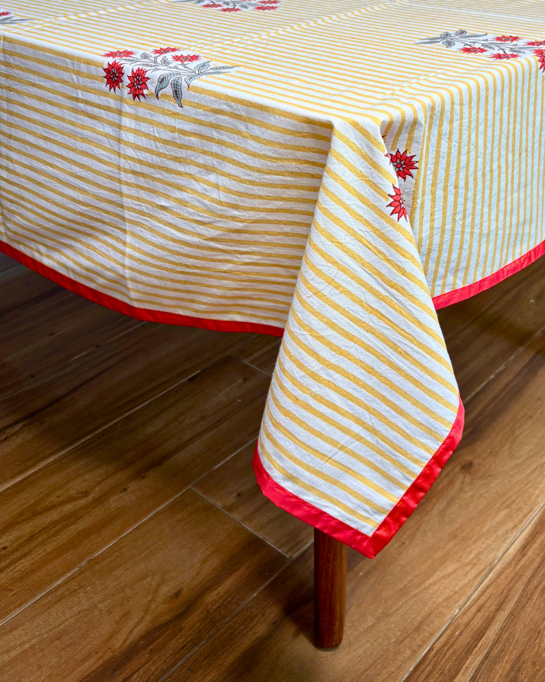 100% Cotton Block Print Table Cloth for 6 -8 seater dining (5ft - 6ft) - Yellow Strips with Red Grey Flower Bouquet
