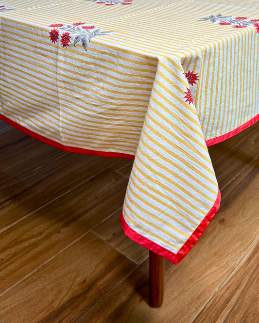100% Cotton Block Print Table Cloth for 6 -8 seater dining (5ft - 6ft) - Yellow Strips with Red Grey Flower Bouquet