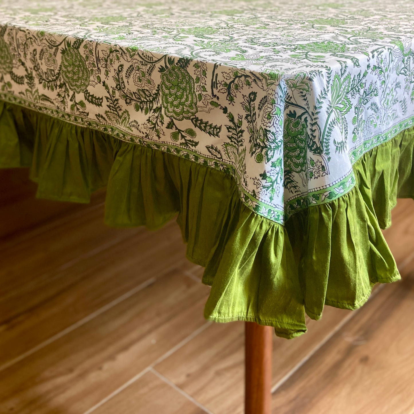 100% Cotton Block Print Table Cloth for 6 or 8 seater dining - Green Jaipuri Print with Green Frills