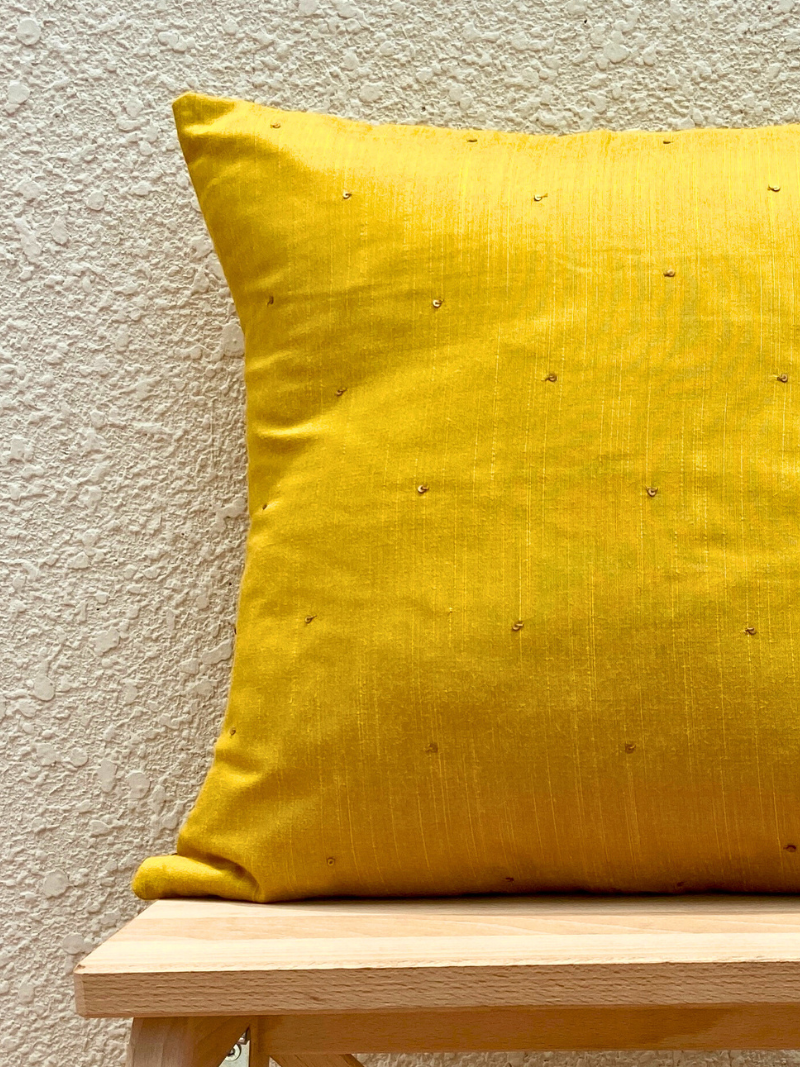 Festive mustard with hand embroidered sequins cushion cover 16 x 16 inches