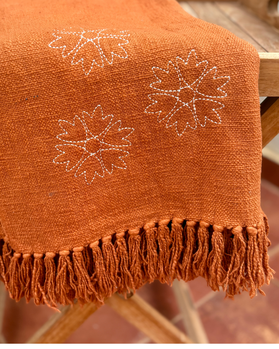 Sofa Throw with Embroidered Flower - Burnt Orange