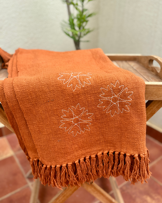 Sofa Throw with Embroidered Flower - Burnt Orange