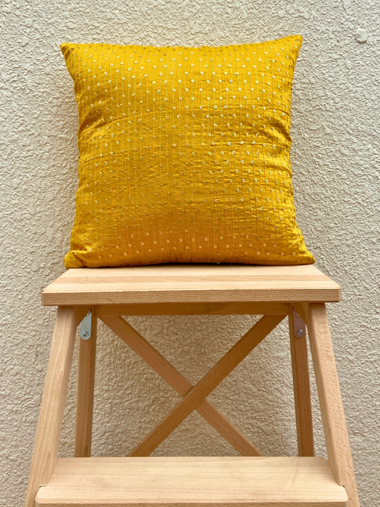 Festive Mustard Yellow with sequins Lines cushion cover 16 x 16 inches