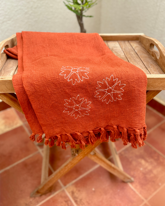 Sofa Throw with Embroidered Flower - Cayenne