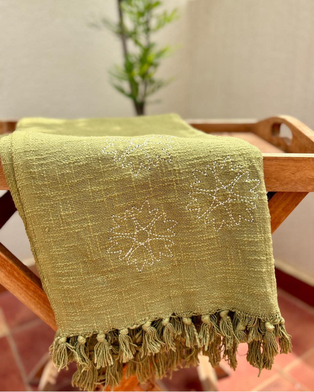 Sofa Throw with Embroidered Flower - Olive Green