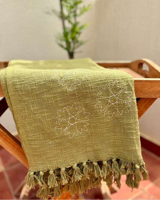 Sofa Throw with Embroidered Flower - Olive Green