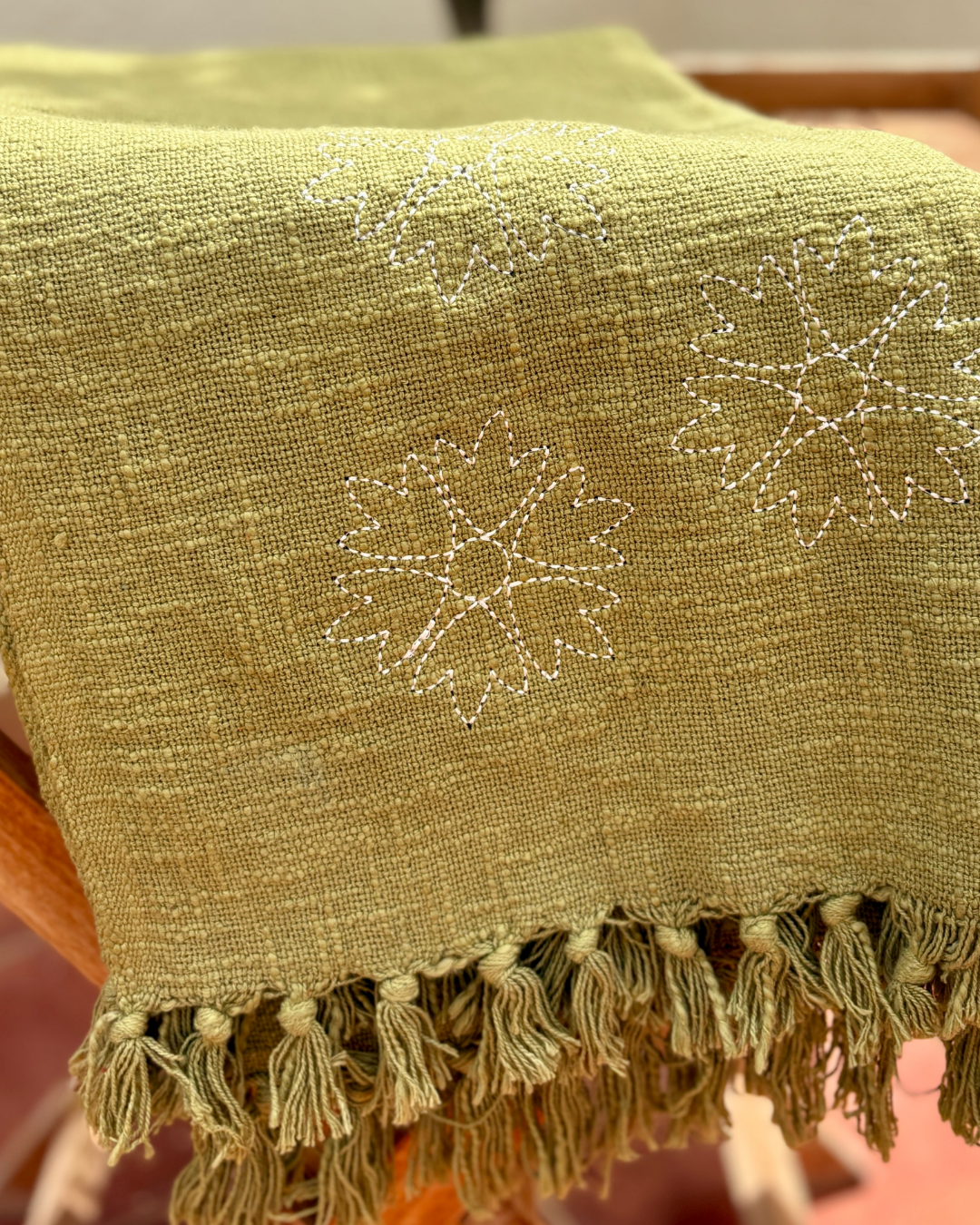 Sofa Throw with Embroidered Flower - Olive Green