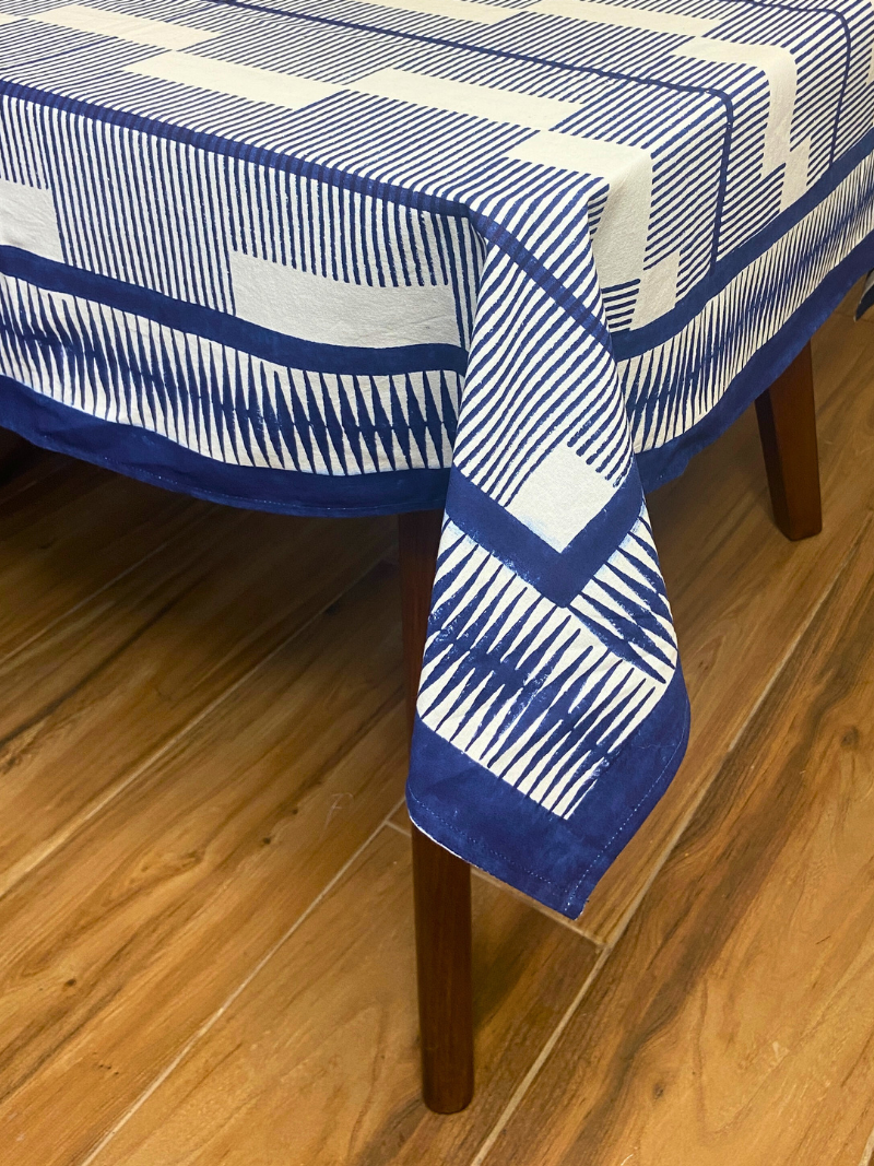 Ink Blue Brick 100% Cotton Style Block Print Table Cloth for 8 seater dining - DHARINI Collection