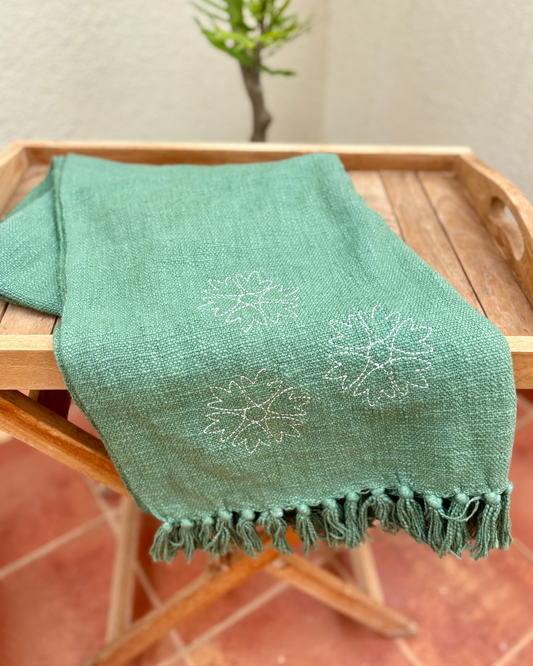 Sofa Throw with Embroidered Flower - Green
