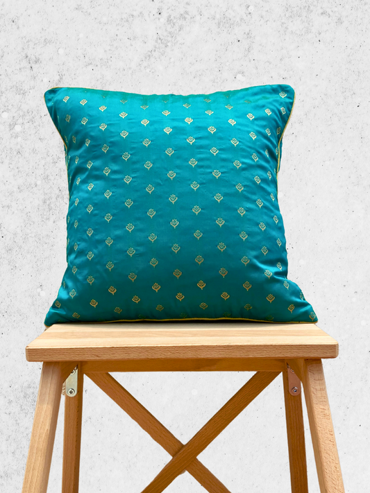 Festive Teal Blue with Muted Gold Motif cushion covers 16 x 16 inches