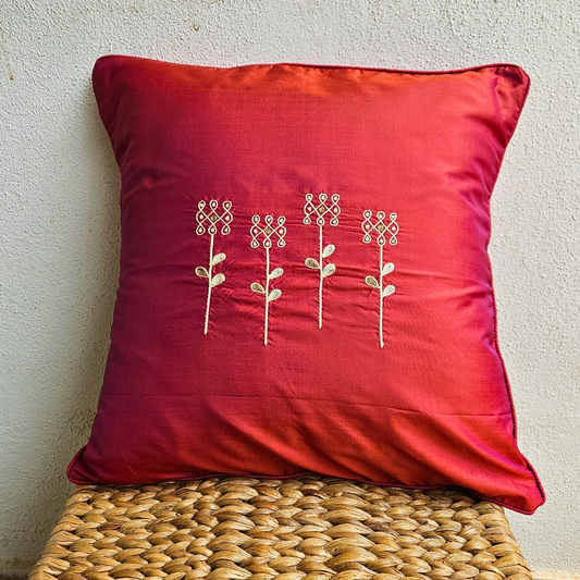 Hand Embroidered Cushion Cover 16 x 16 inches  -  White Flower Set of 4 on Rust