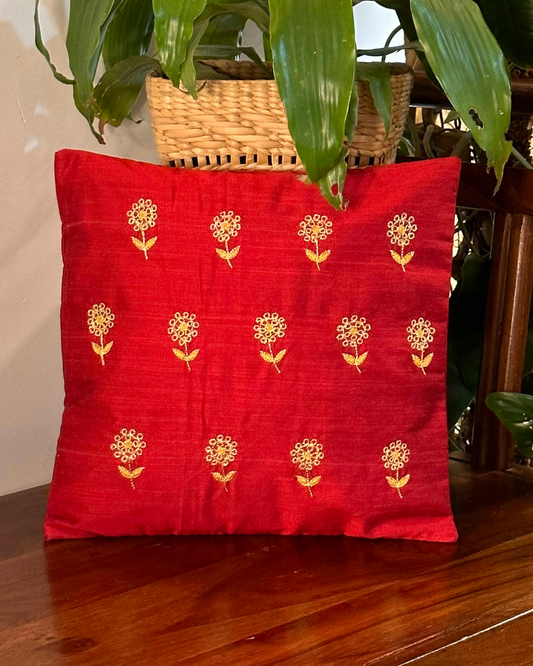 Hand Embroidered Cushion Cover 16 x 16 inches  - Gold Flowers on Red
